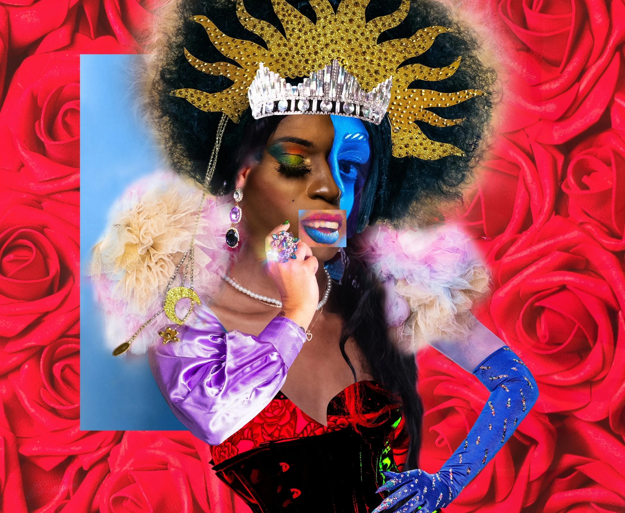 A woman dressed in colorful, elaborate costume with a large, ornate gold and silver crown resembling a sun, striking makeup with bright green, orange, and blue eye shadow, and vivid blue lipstick. She wears a purple satin sleeve, a pearl necklace, an