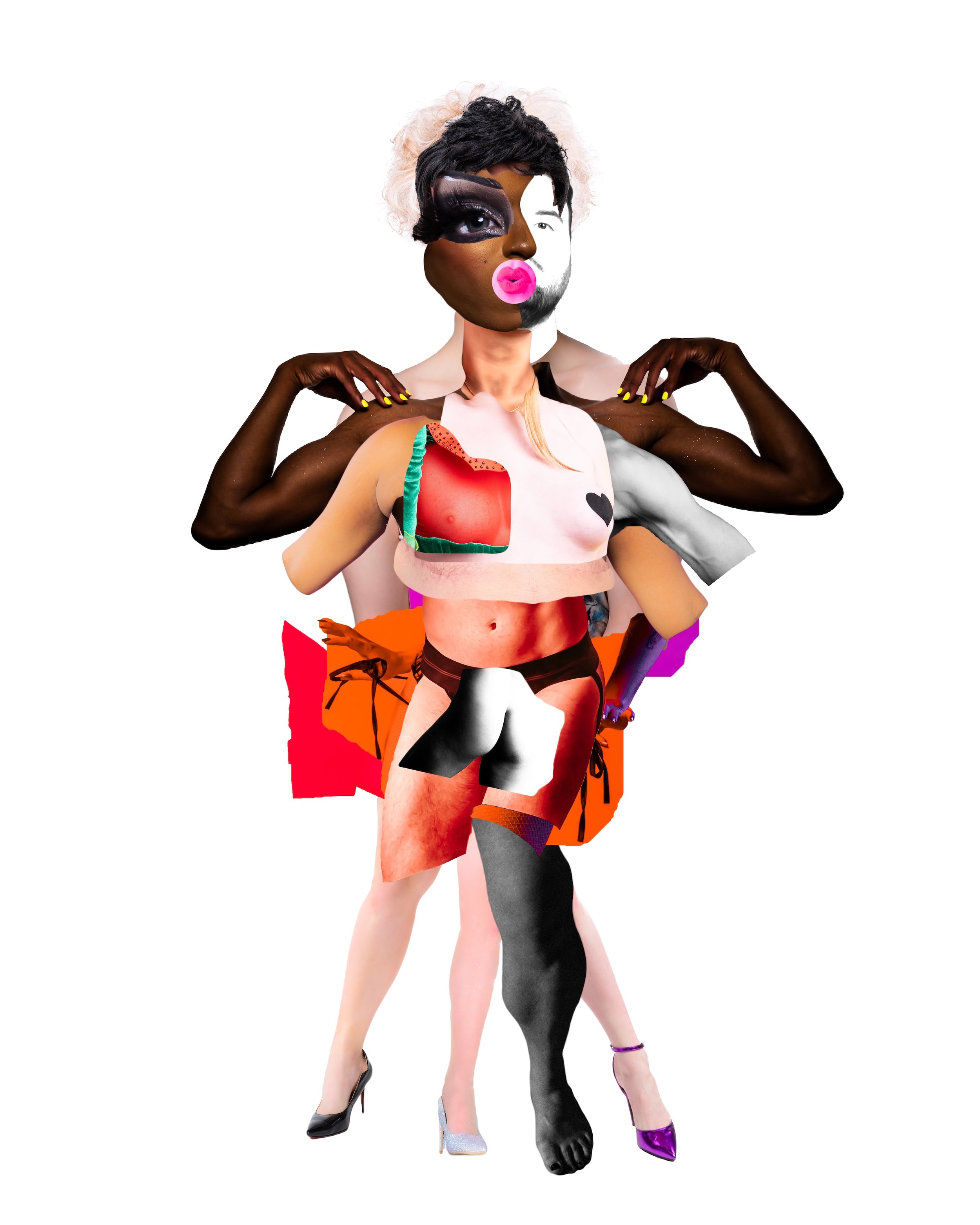 Fine Art Digital Collage by Saint Paul Photographer Jay Cupcake. Collage of a surreal, multi-ethnic person with playful makeup and collage-style clothing, featuring various body parts and clothing pieces against a white background.