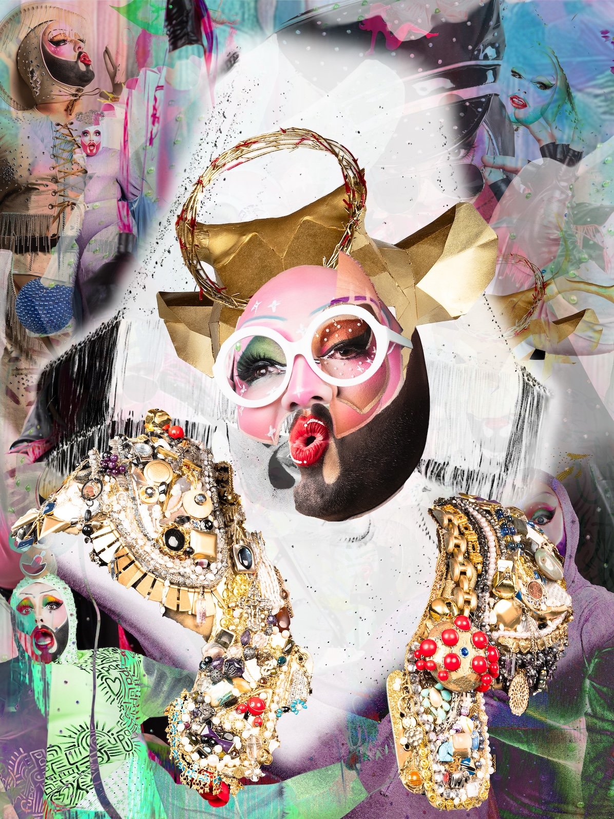 Fine Art Digital Collage by Saint Paul Photographer Jay Cupcake. A person with an artistic makeup style featuring colorful face paint and exaggerated eye makeup, wearing oversized white sunglasses, a crown-like headpiece, and heavily decorated with g