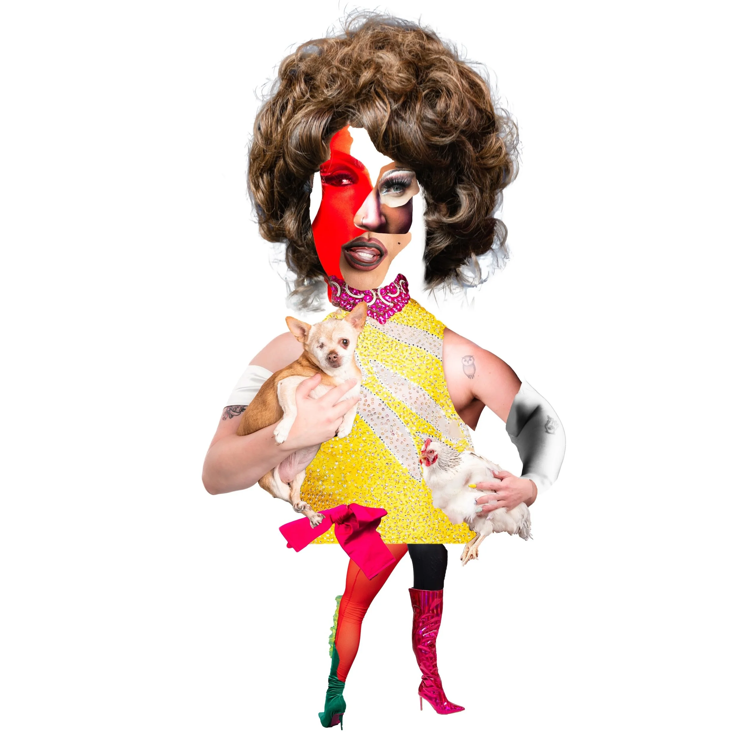 Fine Art Digital Collage by Saint Paul Photographer Jay Cupcake. A collage of a person with a large curly wig, wearing a yellow dress with glitter, holding a small dog and a chicken, with facial features and body parts from different images layered o