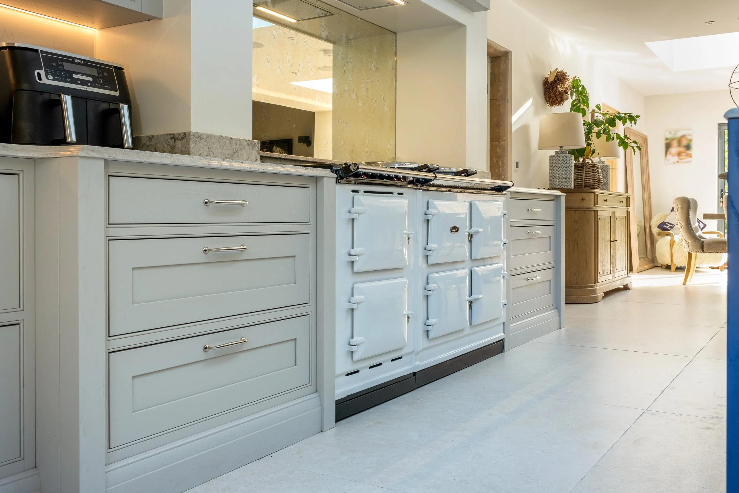 Handcrafted in-frame Shaker kitchen with AGA and painted drawer detail, Fauld Manor, Staffordshire, by Portree Kitchens