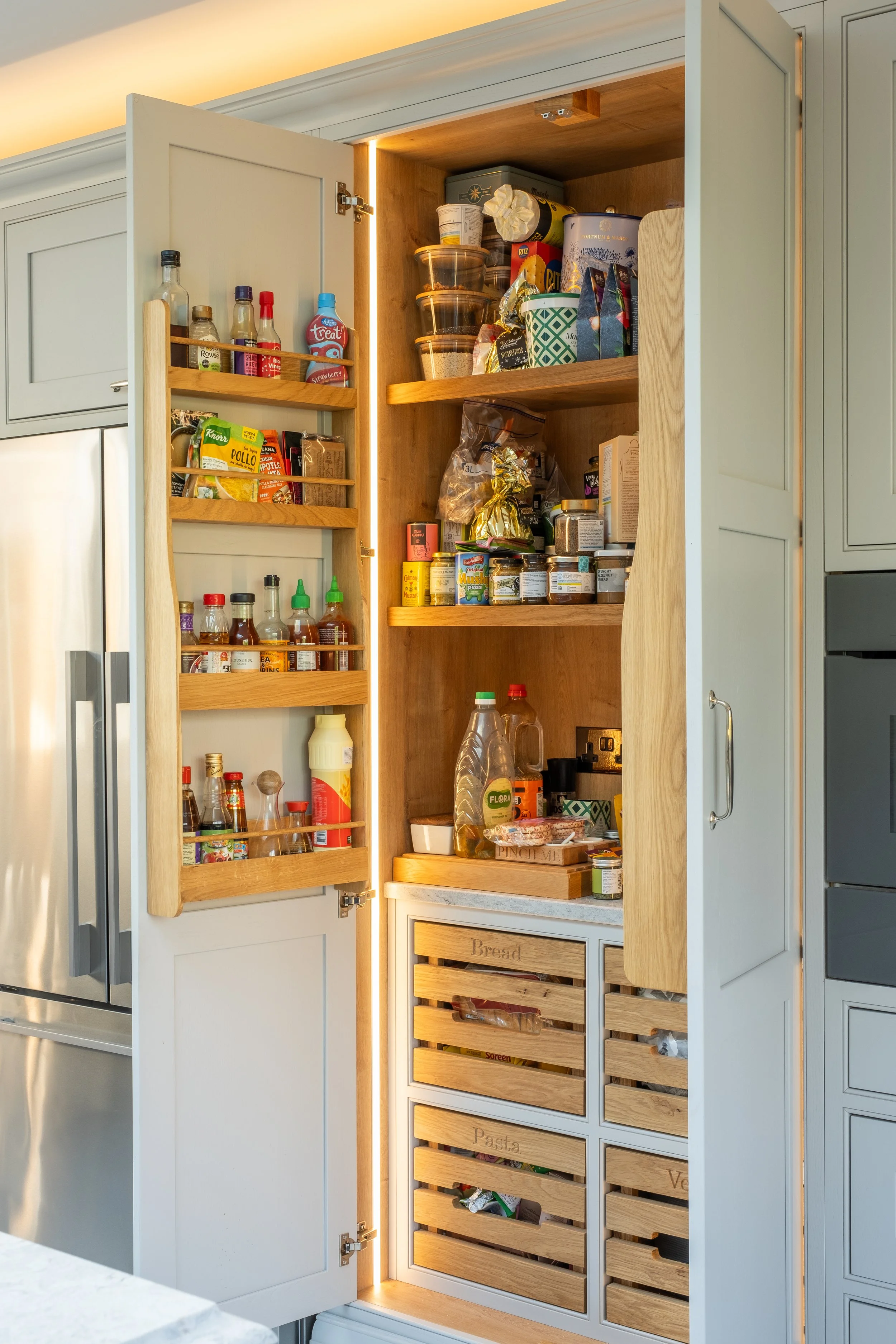 Bespoke painted pantry cabinetry in Farrow & Ball Drawing Room Blue, Fauld Manor, Staffordshire, by Portree Kitchens