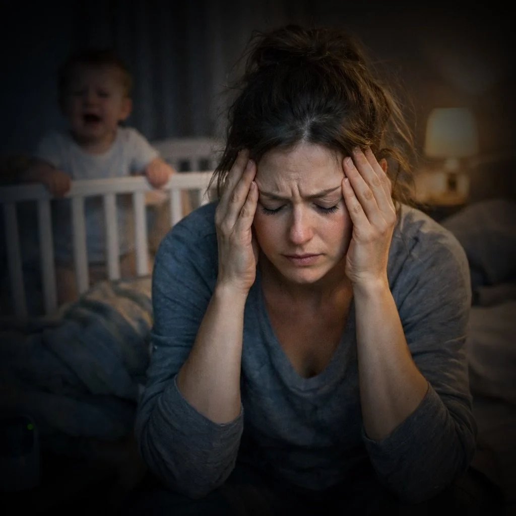 A woman sitting on a bed with her hands holding her head in pain or distress, and a crying child in a crib in the background.