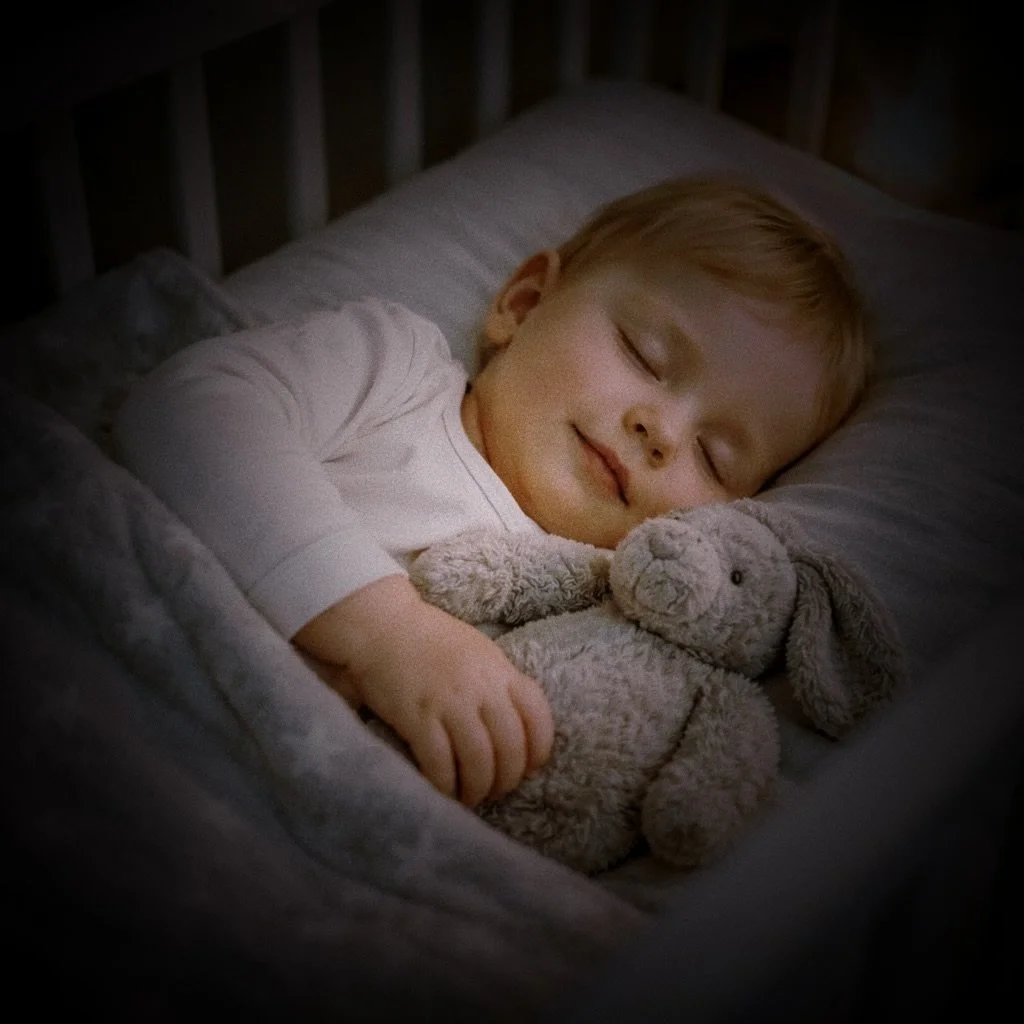 A young child sleeping peacefully in bed, hugging a stuffed bunny, in a dimly lit room.