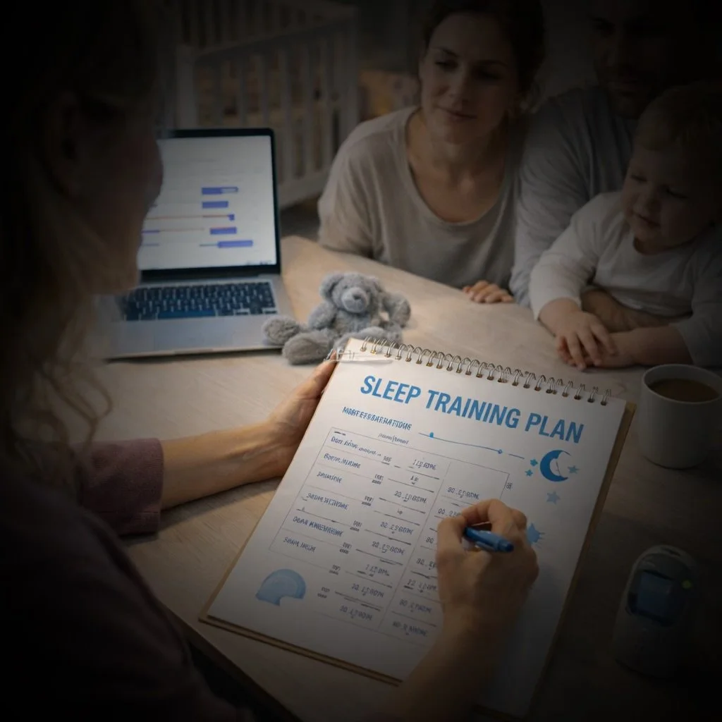 Woman holding a sleep training plan sheet at a table, with family members listening. Items on the table include a laptop, a stuffed animal, a mug of coffee, and a notepad.