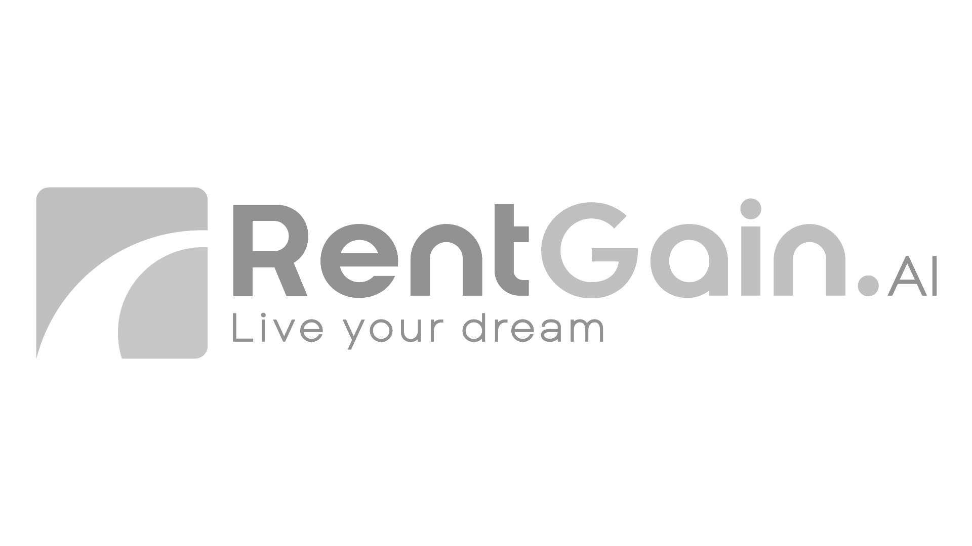 A gray logo with the words "Rent Gain" and the slogan "Live your dream" underneath, alongside a stylized quarter-circle design.