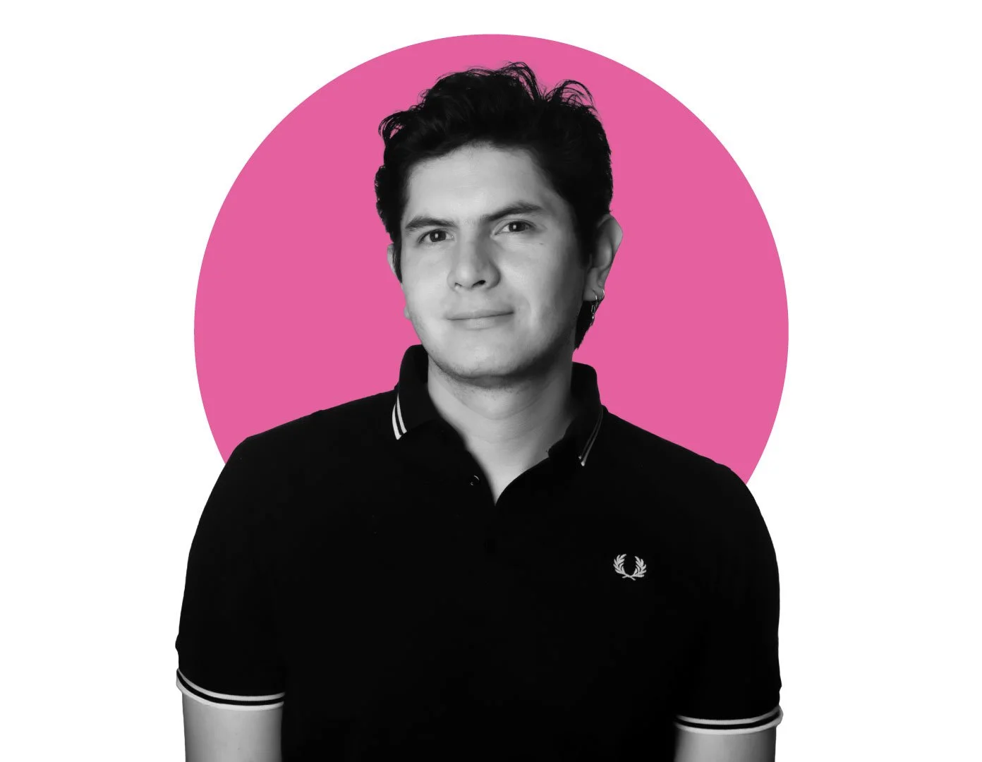 A young man with dark hair wearing a black polo shirt with white trim, standing in front of a pink circle background.