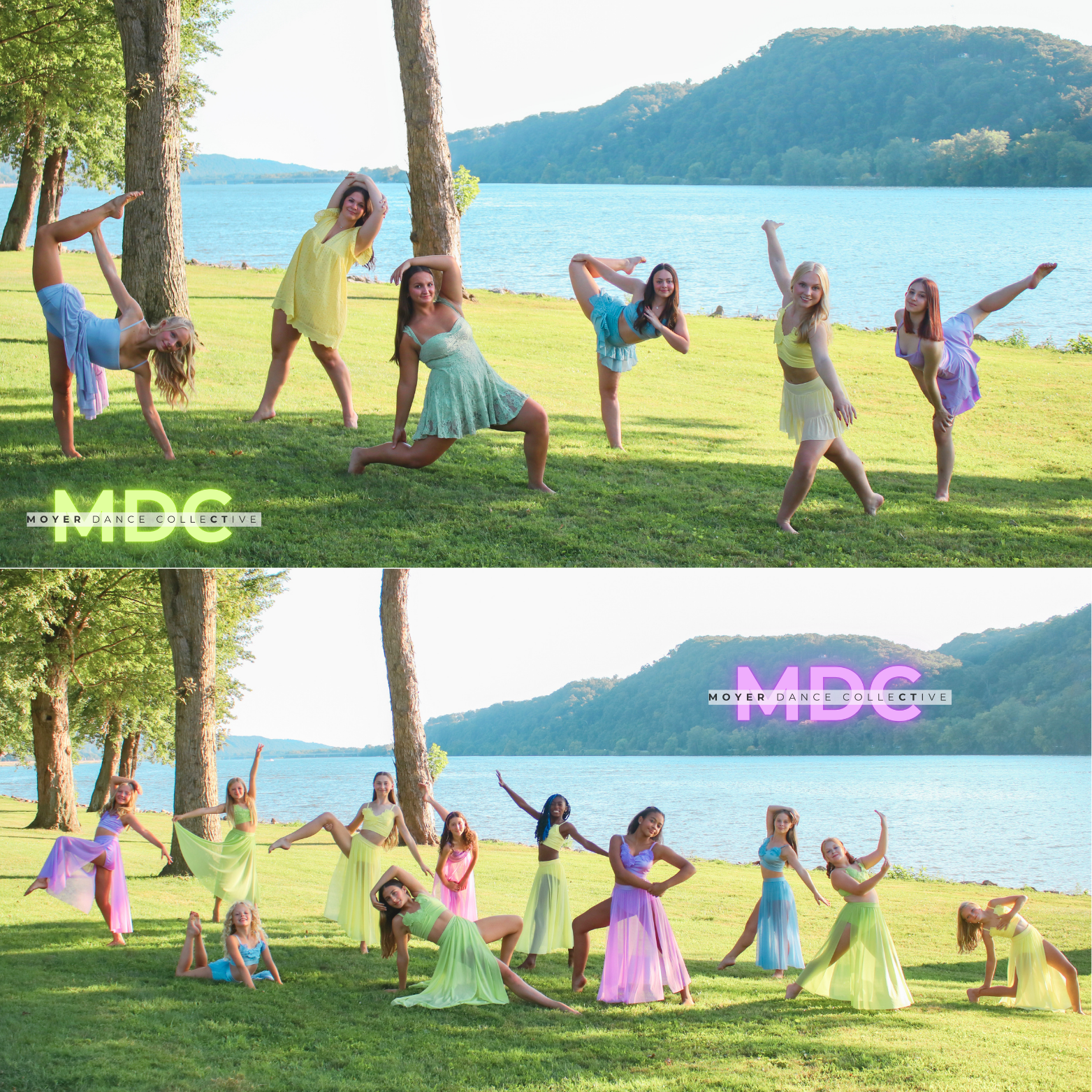 Two groups of dancers dancing outdoors by a river with trees and mountains in the background. The first group is dressed in colorful dresses, and the second group is also in colorful dresses, posed in various dance positions.