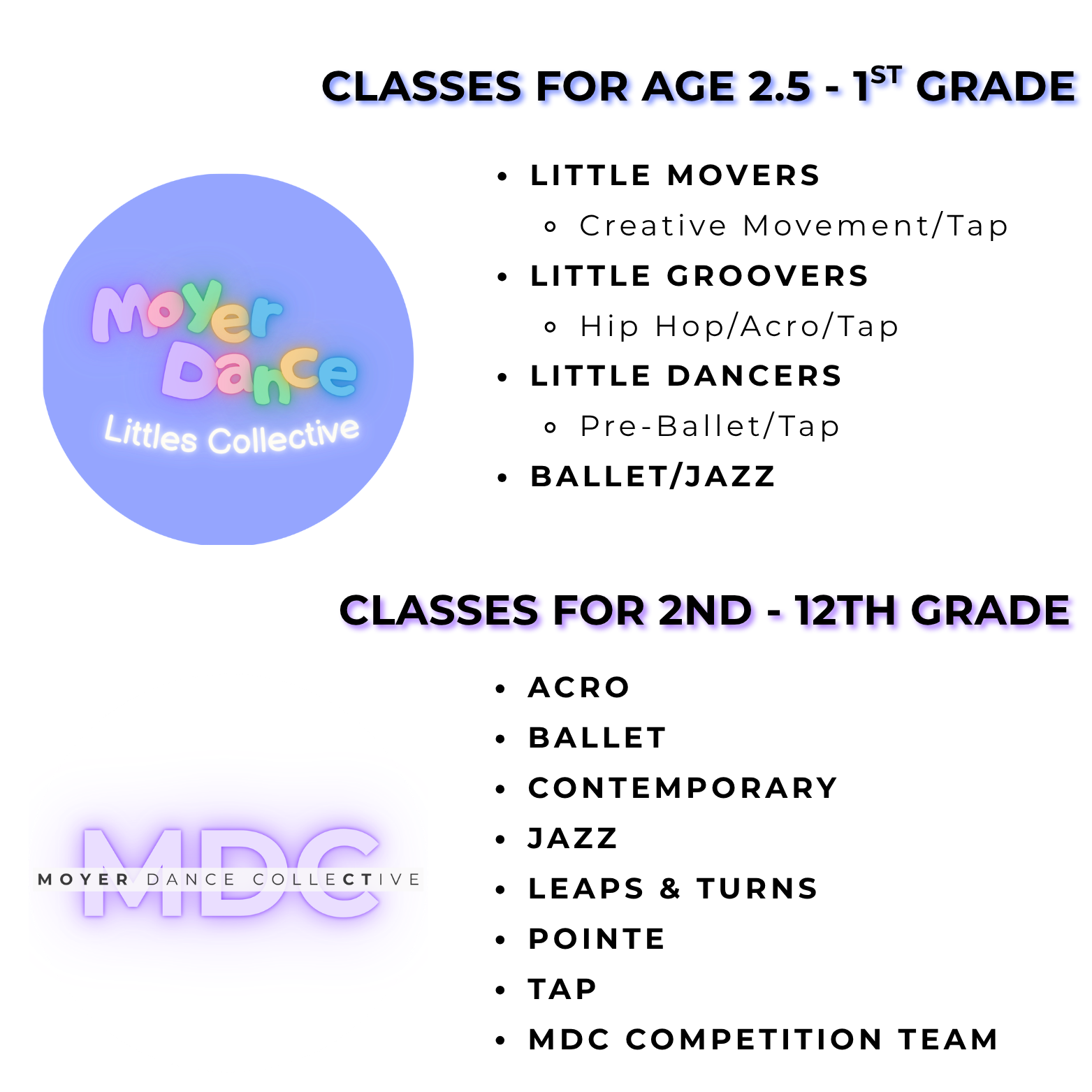 Graphic design advertising dance classes, featuring colorful text for different age groups, with logos for Moyer Dance Collective and MDC.