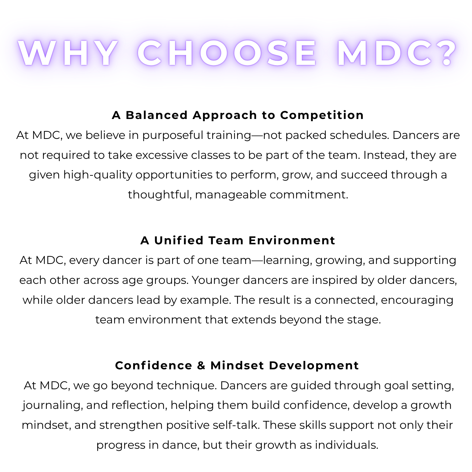 Text graphic with the title 'Why Choose MDC?' in large white letters on a purple background with pink borders, followed by small paragraphs of text explaining the benefits of MDC, including flexible programs, experienced instructors, affordable tuition, and career services.