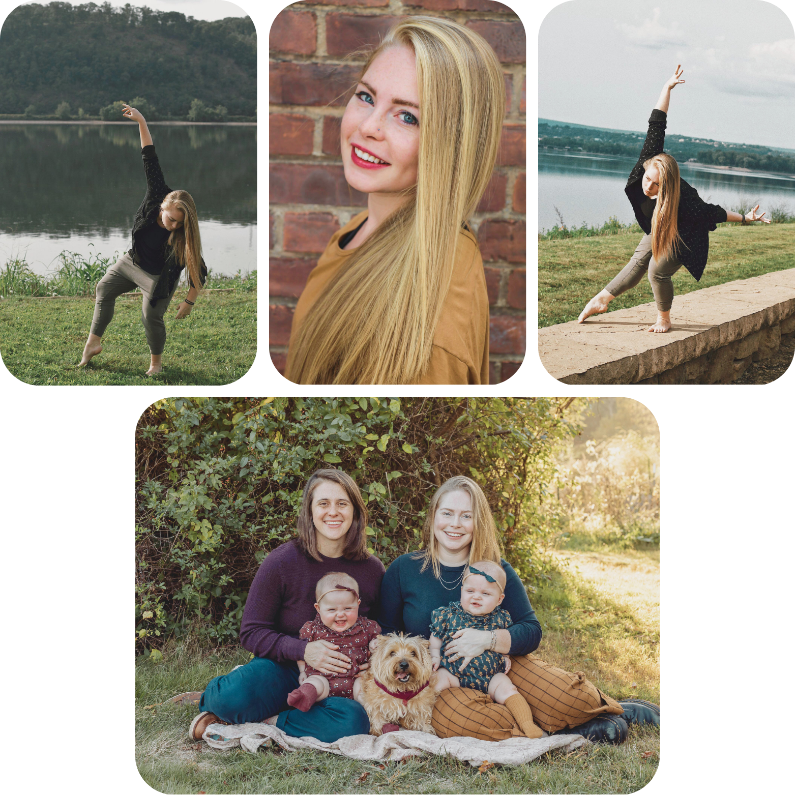 Collage of four photos: a young woman dancing by a lake, a close-up portrait of a blonde woman smiling, the same woman dancing on a stone ledge by the lake, and two women sitting outdoors with two babies and a dog, all smiling.