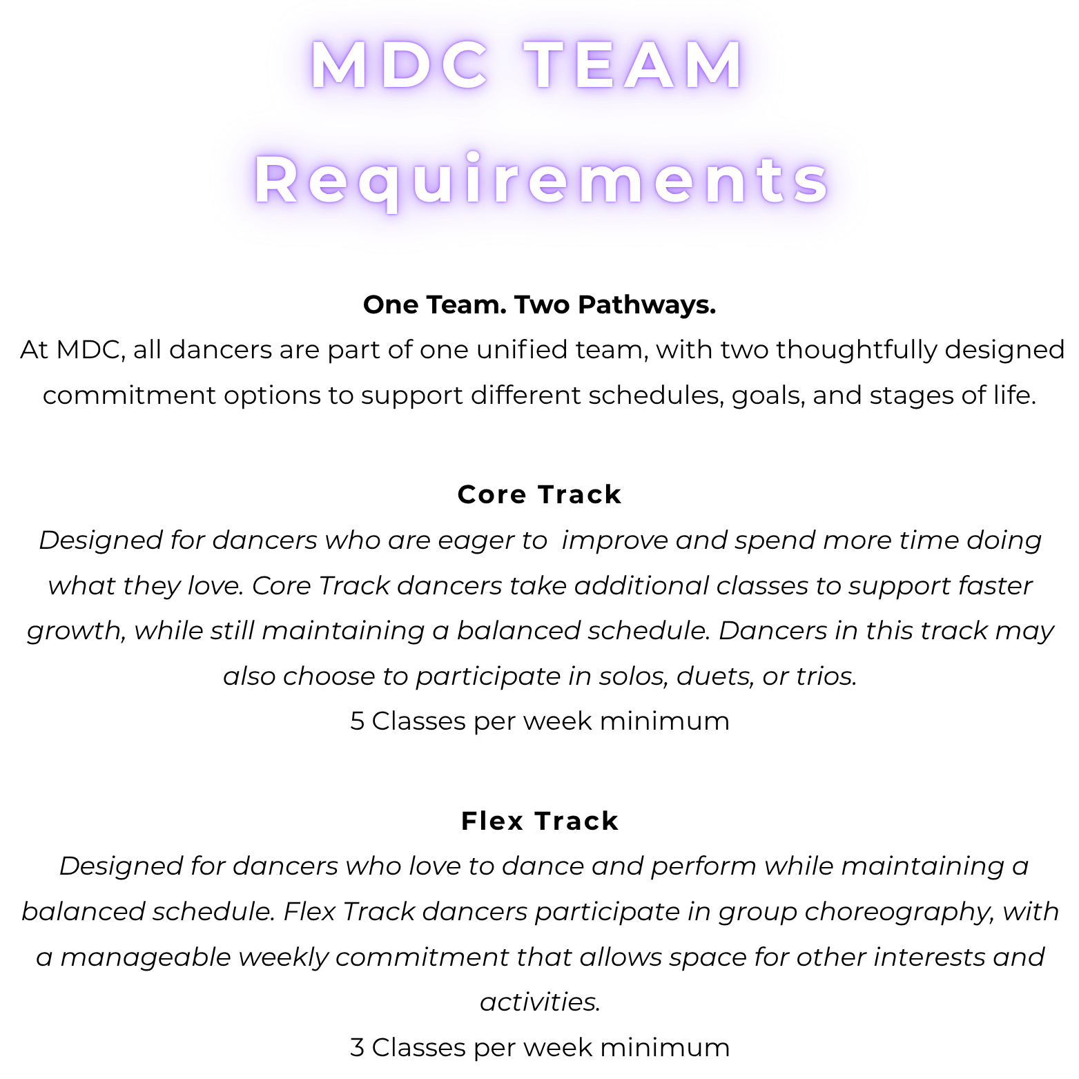 A digital graphic with purple and pink neon colors displays the text 'MDC TEAM Requirements' in the center.