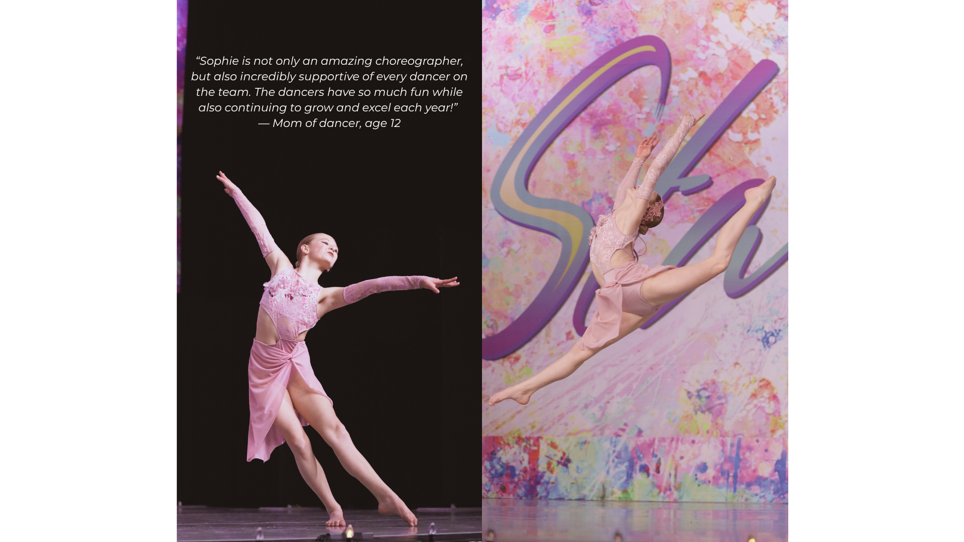 A collage of two images showing a young female ballet dancer in pink costumes. The left side features her performing on stage with a dark background, arms stretched upwards and sideways, wearing lace sleeves and a flowing skirt. The right side shows her mid-air leap in front of a colorful, abstract background with the word "Shine" written in large, purple cursive letters.