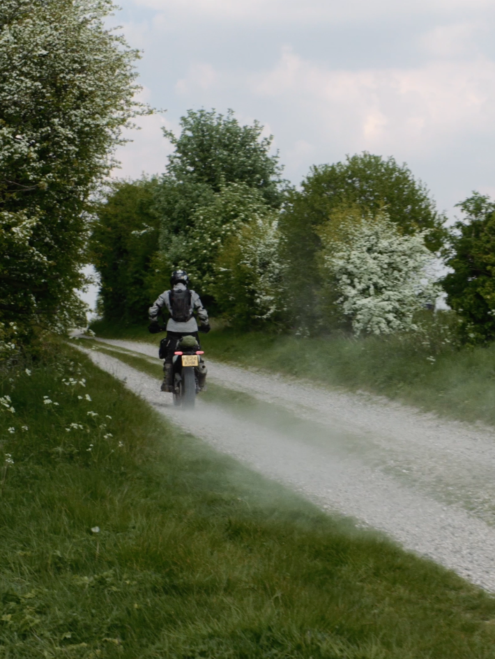 Adventure motorbikes on a leafy Cotswolds green lane on The Cotswoldian Canter