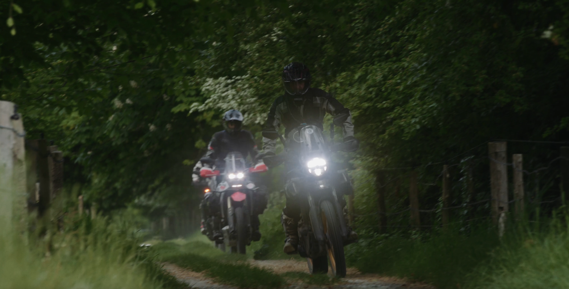 Adventure motorbikes on a wide Wessex byway on The Wessex Wander