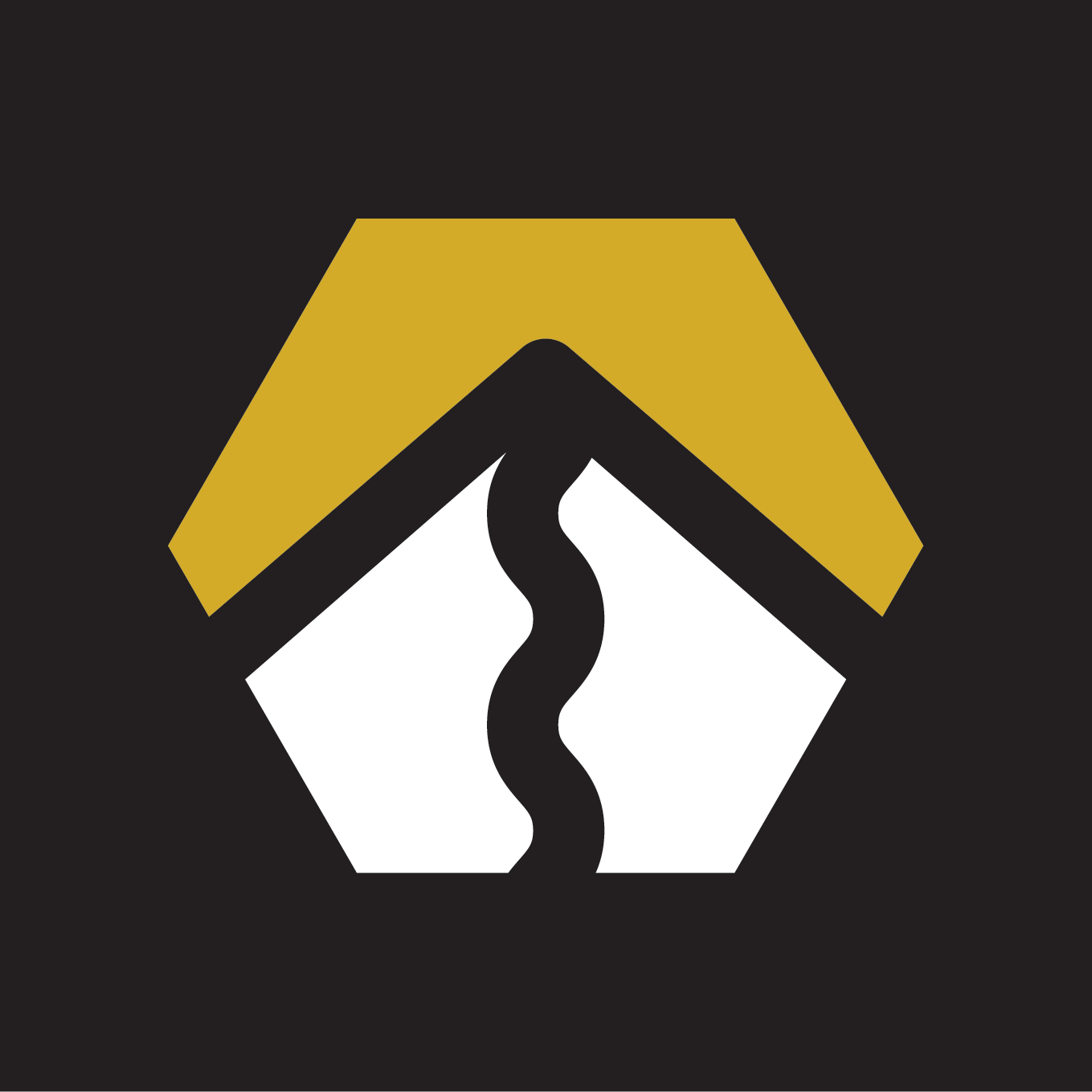 A black, white, and gold logo with a hexagon shape and a stylized black road or river inside.