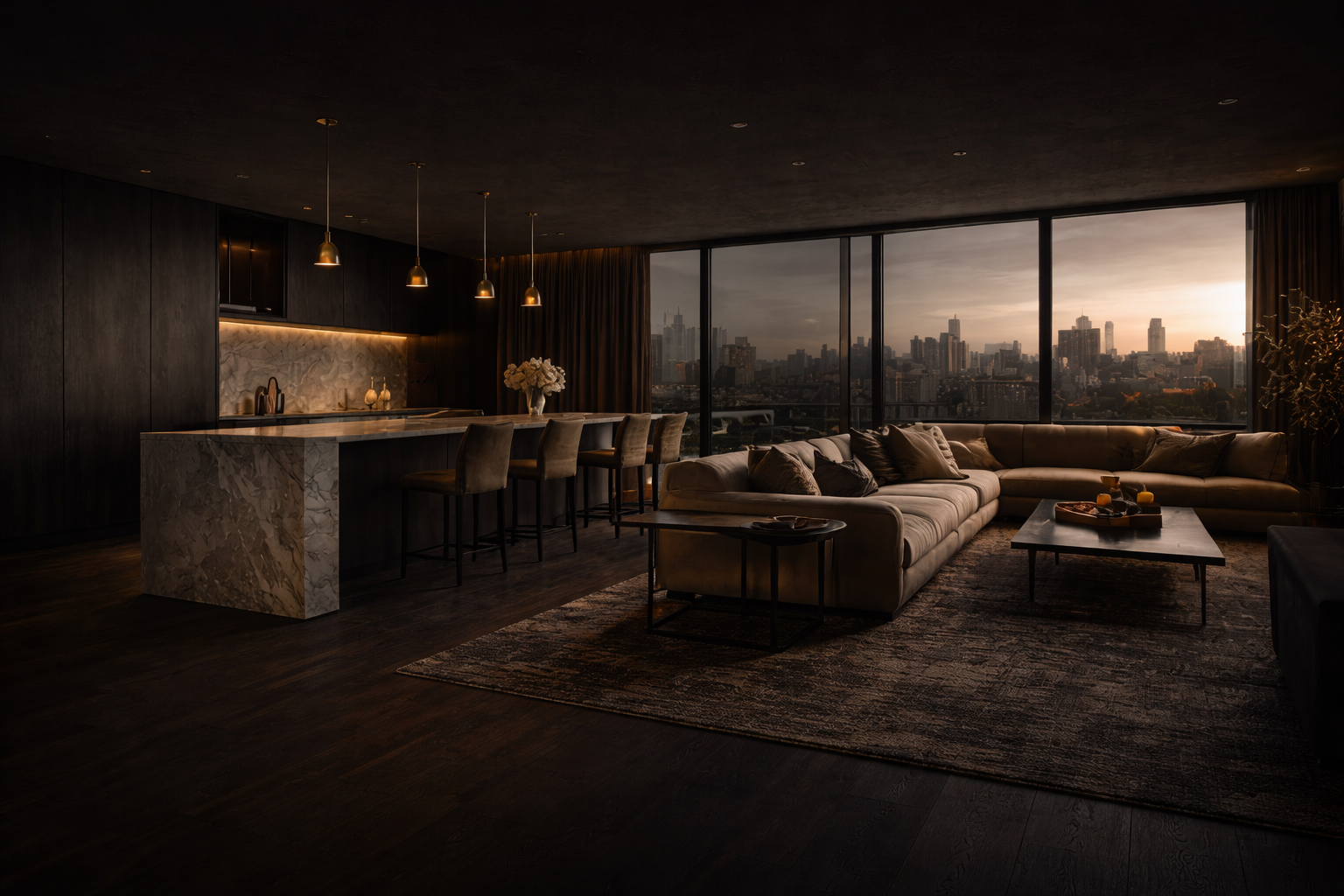 Modern living room with a large sectional sofa, a dark wood coffee table, and large floor-to-ceiling windows overlooking a city skyline at sunset.