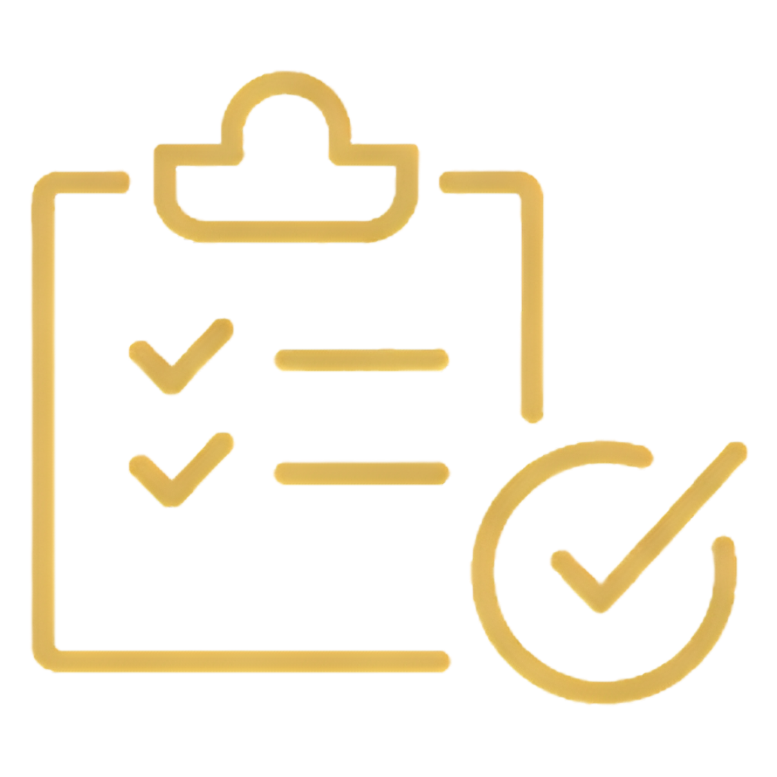 Golden outline of a clipboard with checkmarks, a purple rectangle in the background, and a large checkmark inside a circle in the foreground.