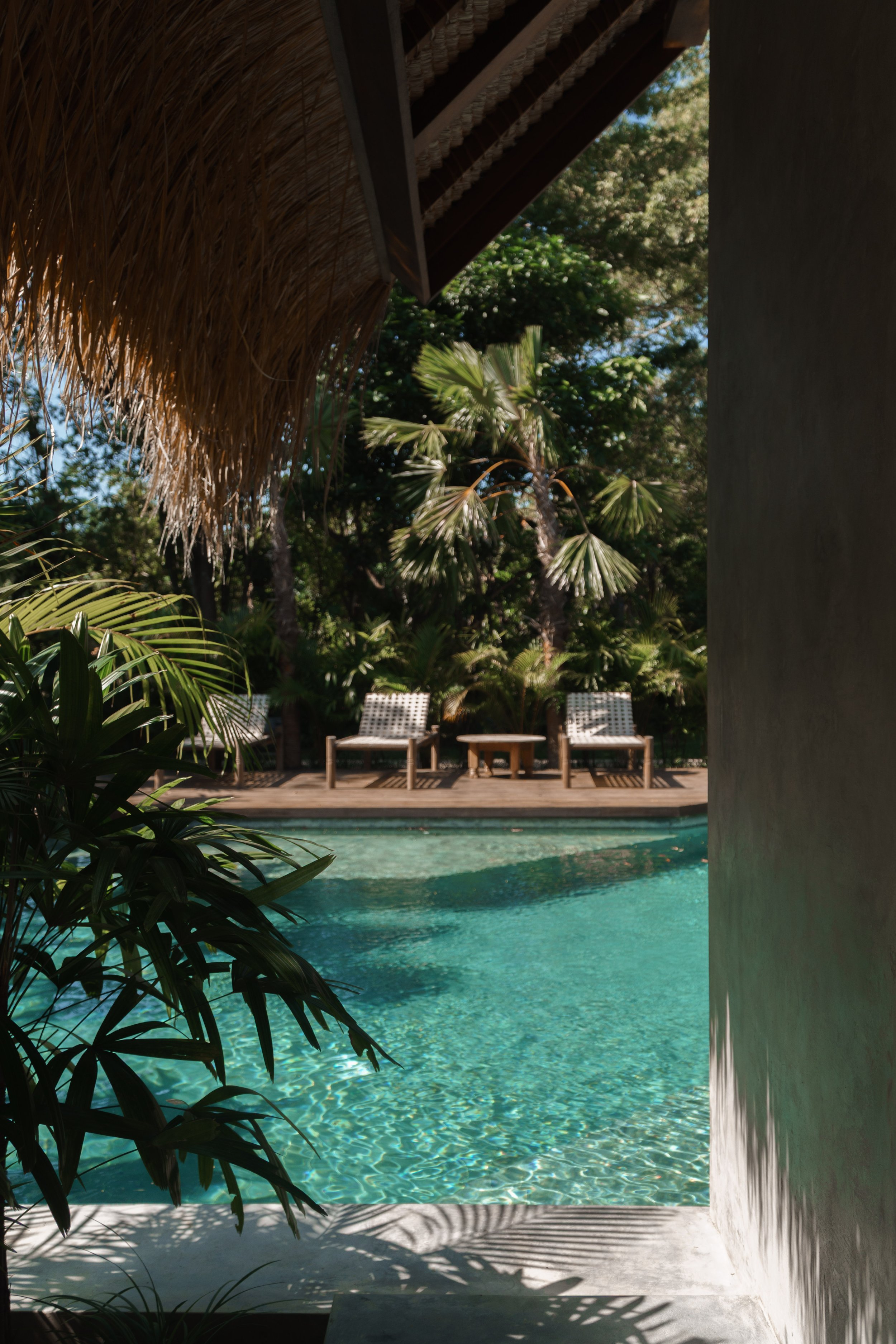 Poolside view with clear turquoise water, surrounded by lush tropical plants and trees. Two chairs and a small table are on the wooden deck in the background, with sunlight filtering through the leaves.
