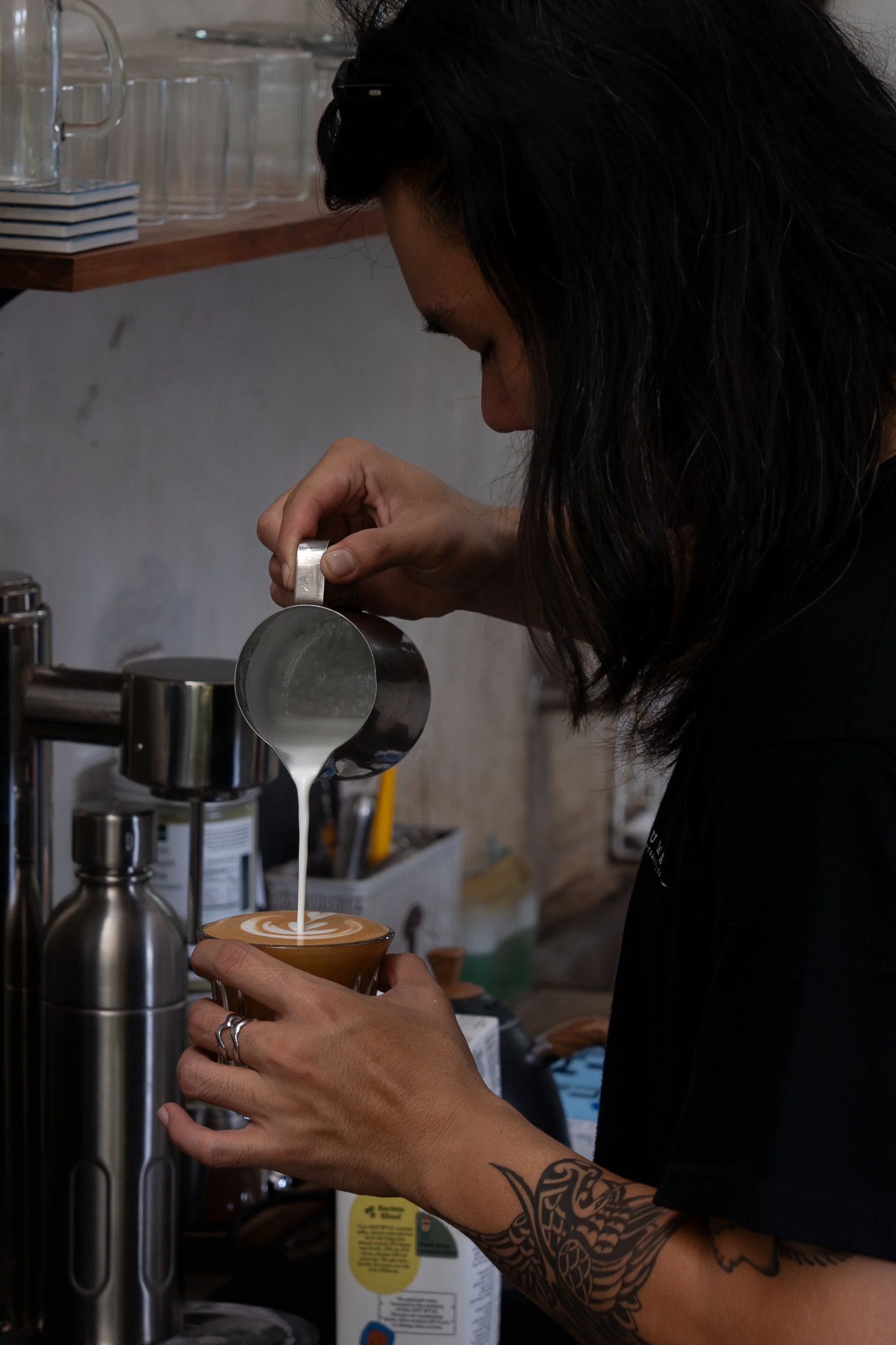 coffee, barista, tattoo, cafe, motorcycle cafe, strong coffee, Uluwatu, Bali, barista cafe, black coffee, coffee machine, piston machine