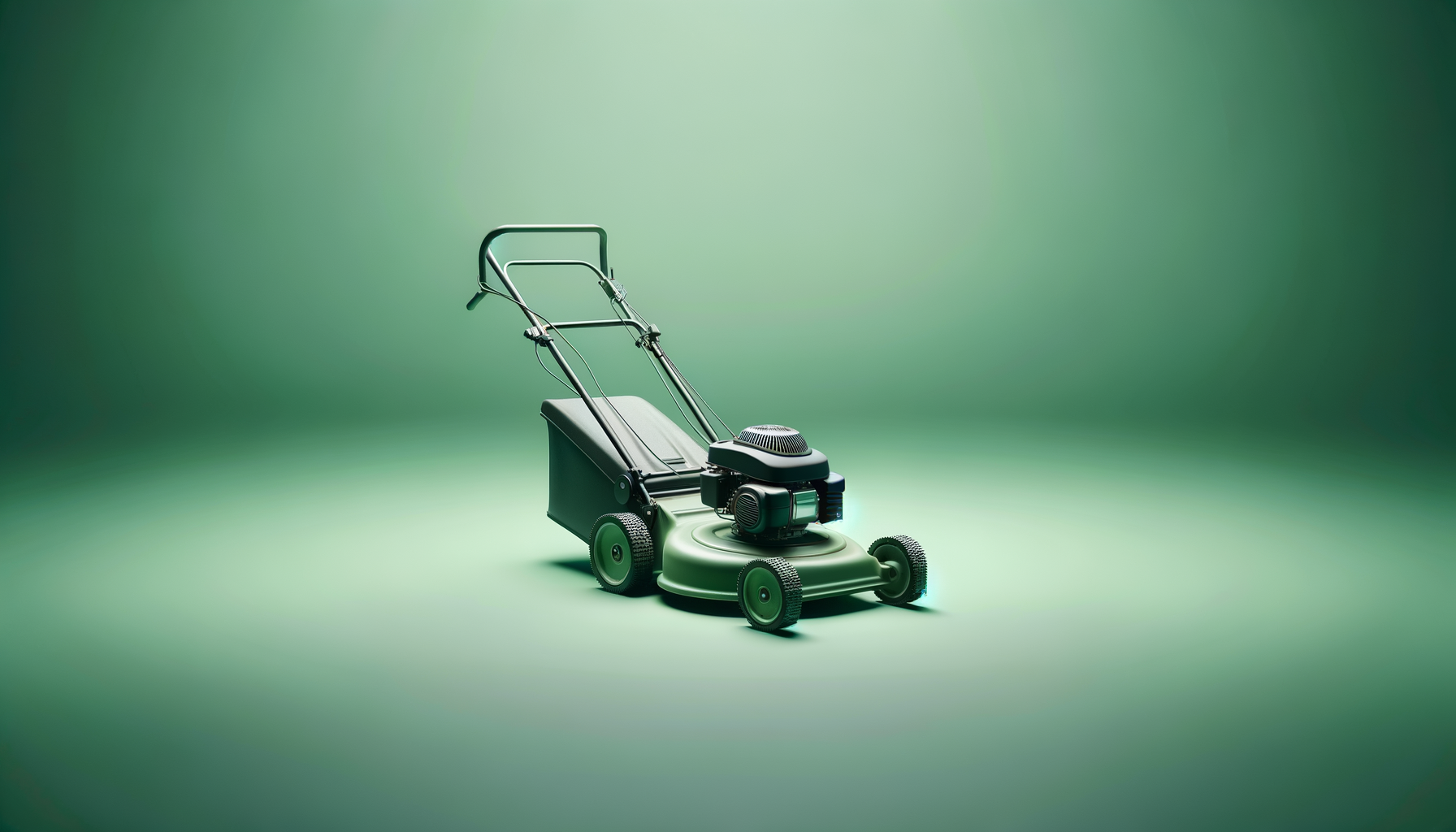 Green background with a modern electric lawn mower.