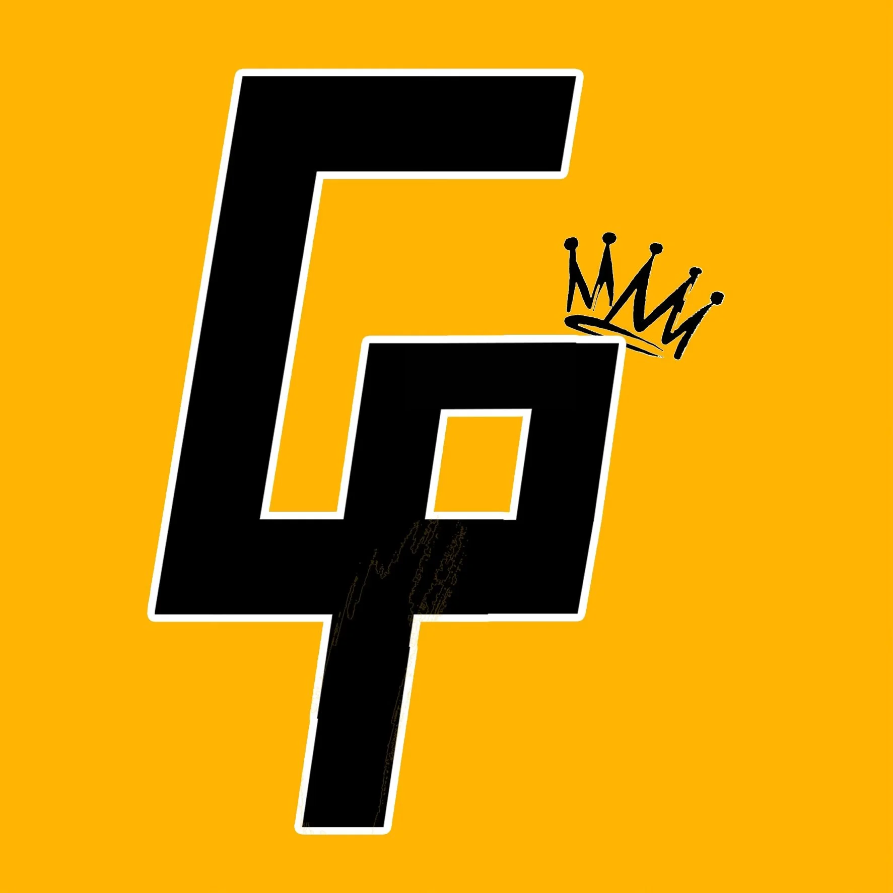 Bold black stylized letters 'F' and 'G' overlapping on a yellow background, with a small black crown sketch above the letter 'G'.