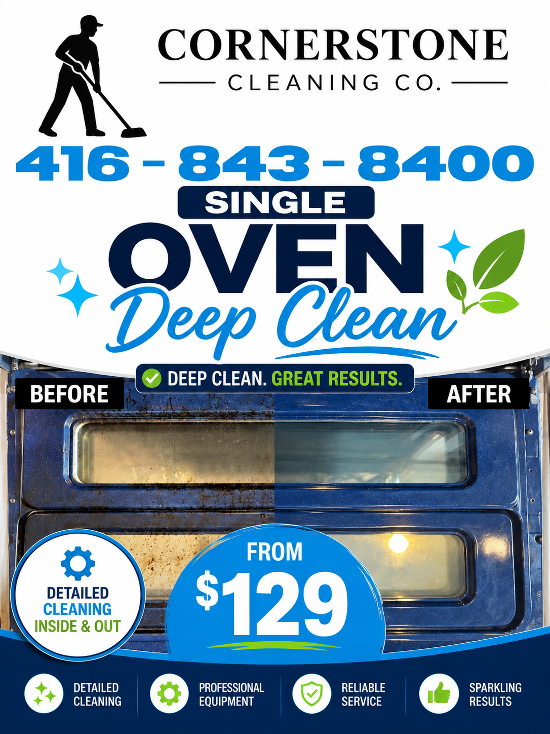 Advertisement for Cornerstone Cleaning Co. promoting single oven deep cleaning services, showing before and after images of oven interiors, with a price starting at $129, highlighting detailed cleaning inside and out.