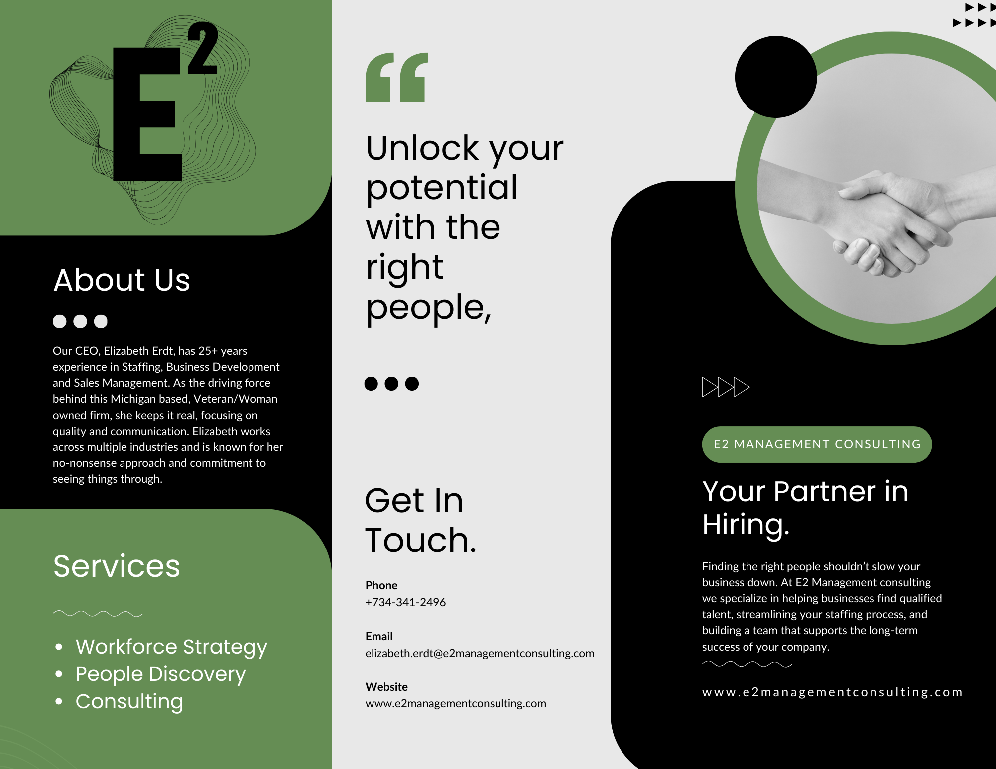 An informational brochure for E2 Management Consulting featuring a handshake, company details, and service offerings such as workforce strategy, people discovery, and consulting.
