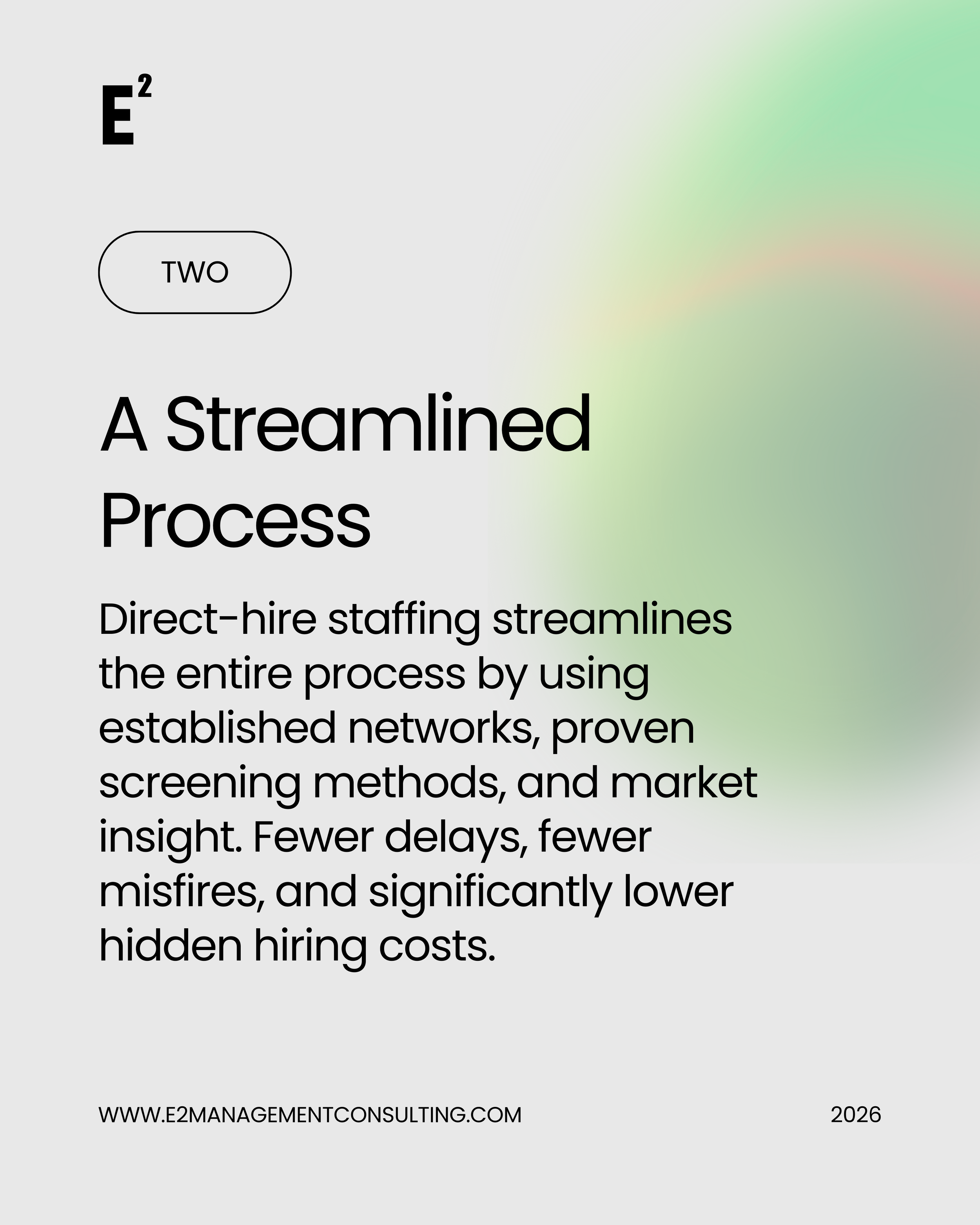 E2 Management Consulting informational webpage about streamlined staffing process, featuring the title 'A Streamlined Process' and a description on direct-hire staffing methods.