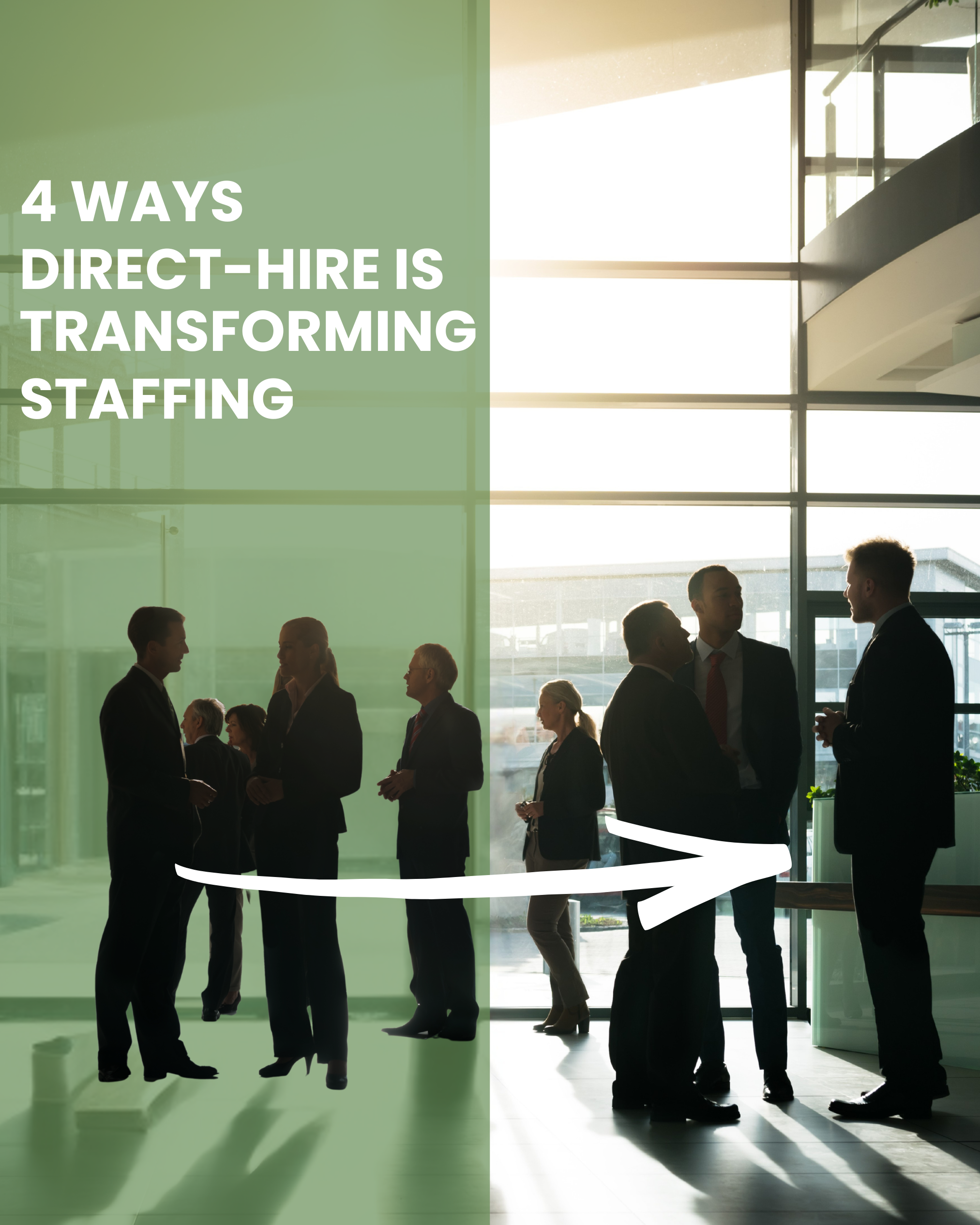 A group of business professionals talking in a modern office lobby with large windows, with a green overlay on the left side containing the text ‘4 Ways Direct-Hire Is Transforming Staffing’ and an arrow pointing to the right.
