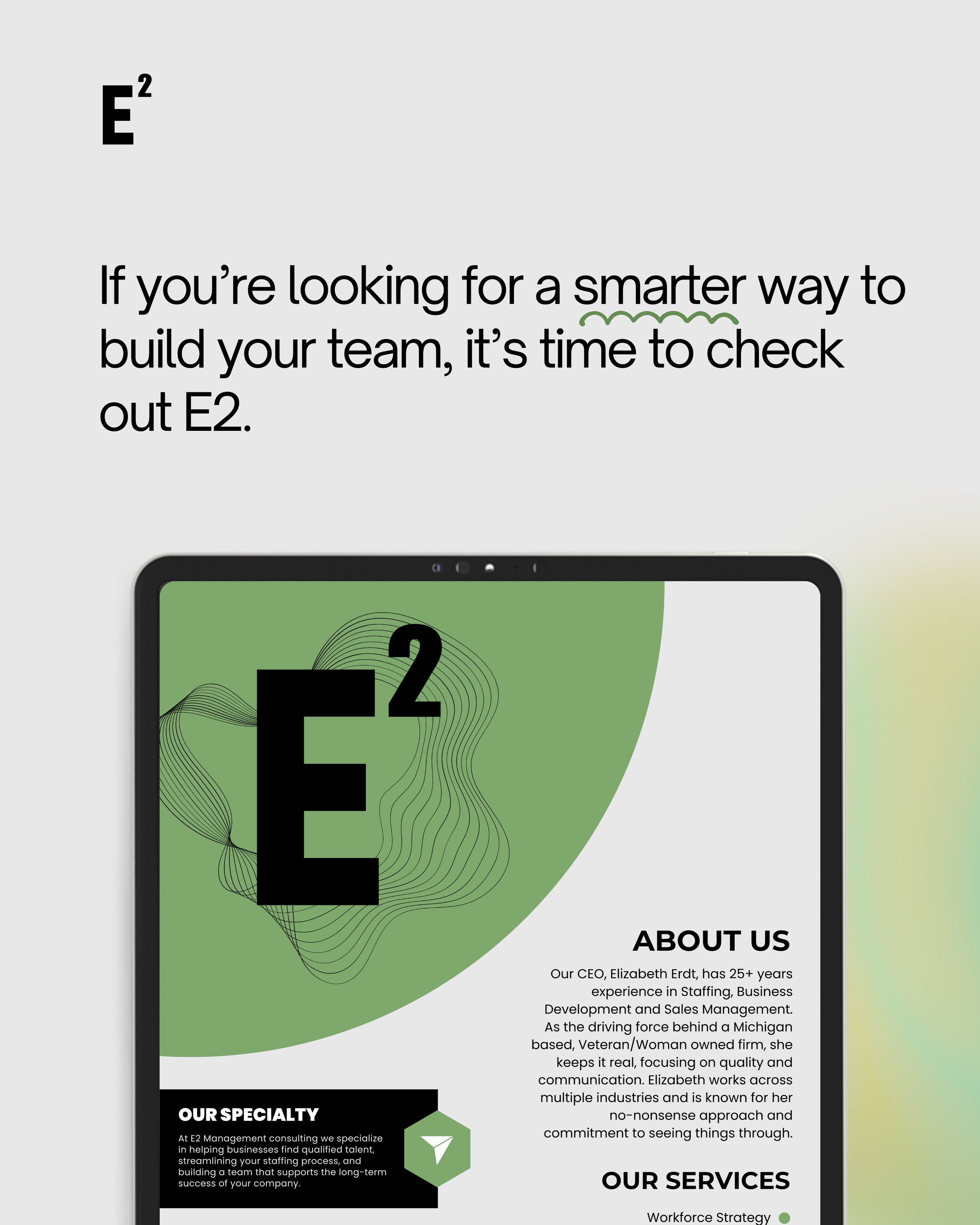 A promotional graphic for E2 Management featuring the company logo, an introduction to their services, and a brief overview of their specialization in staffing and business development.