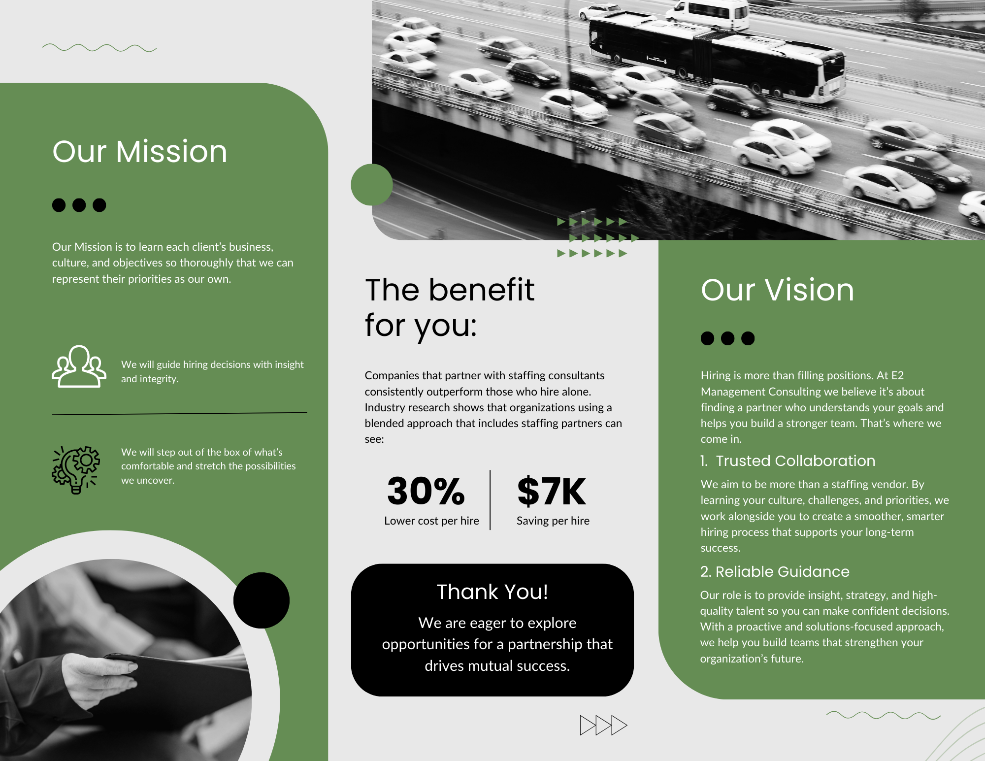 A marketing brochure or presentation slide with sections titled 'Our Mission,' 'The benefit for you,' and 'Our Vision.' The brochure includes text about staffing consulting, cost savings, and building stronger teams, with a background image of a traffic scene on a highway showing cars and a bus.
