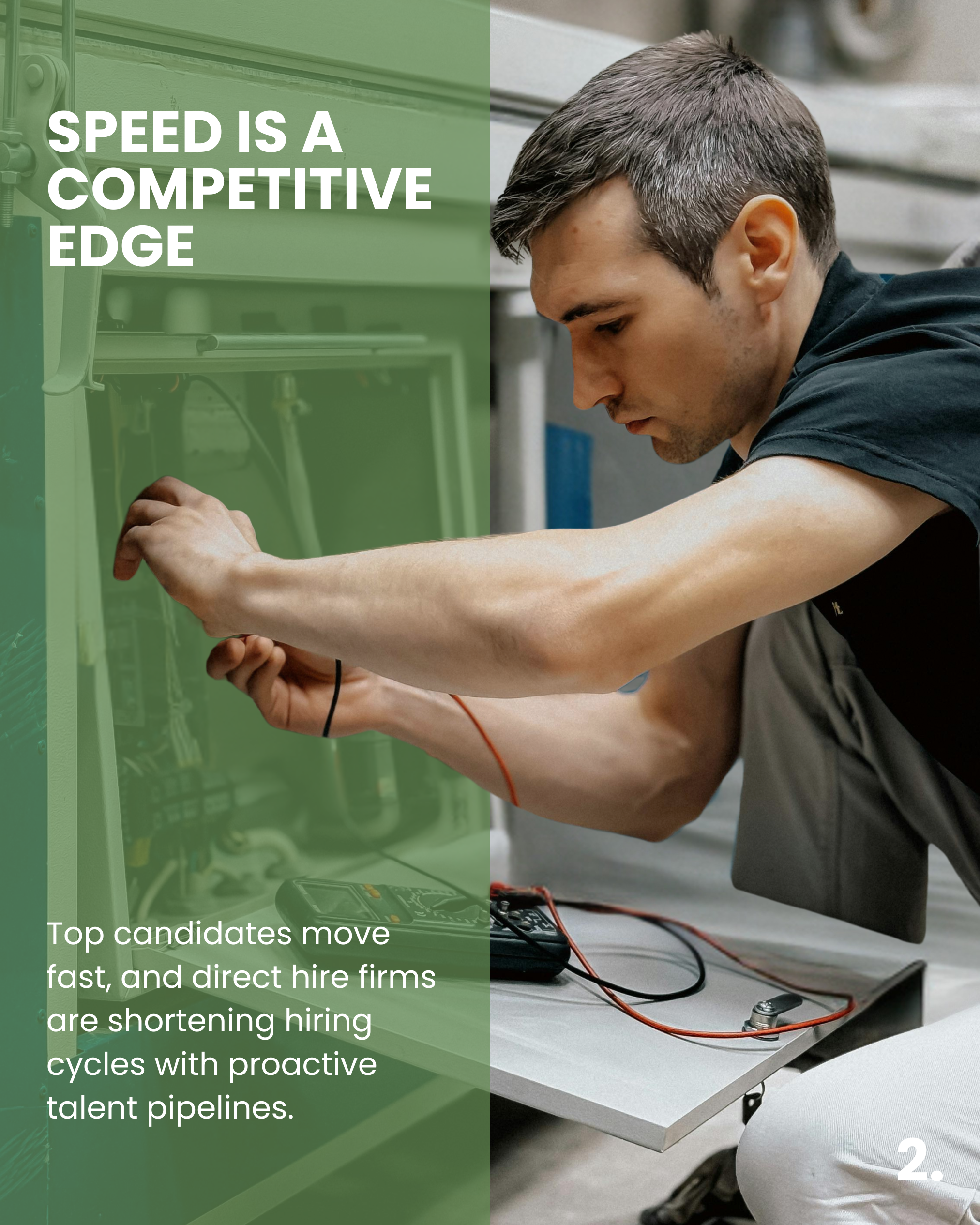A young man working with electronic equipment in a lab, with a green overlay and white text that reads 'Speed is a competitive edge.'