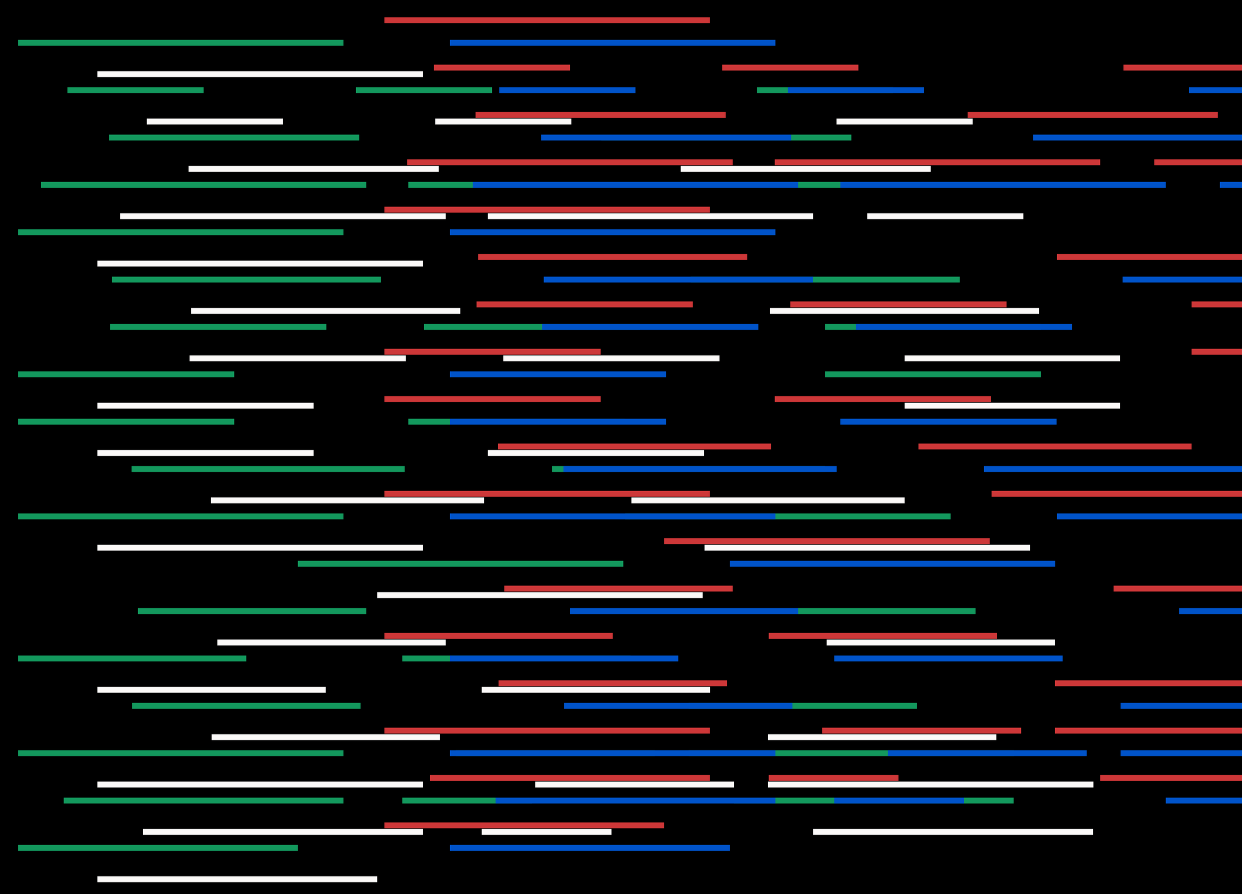 A visual representation of data with horizontal colored lines—green, white, red, and blue—on a black background, arranged randomly.