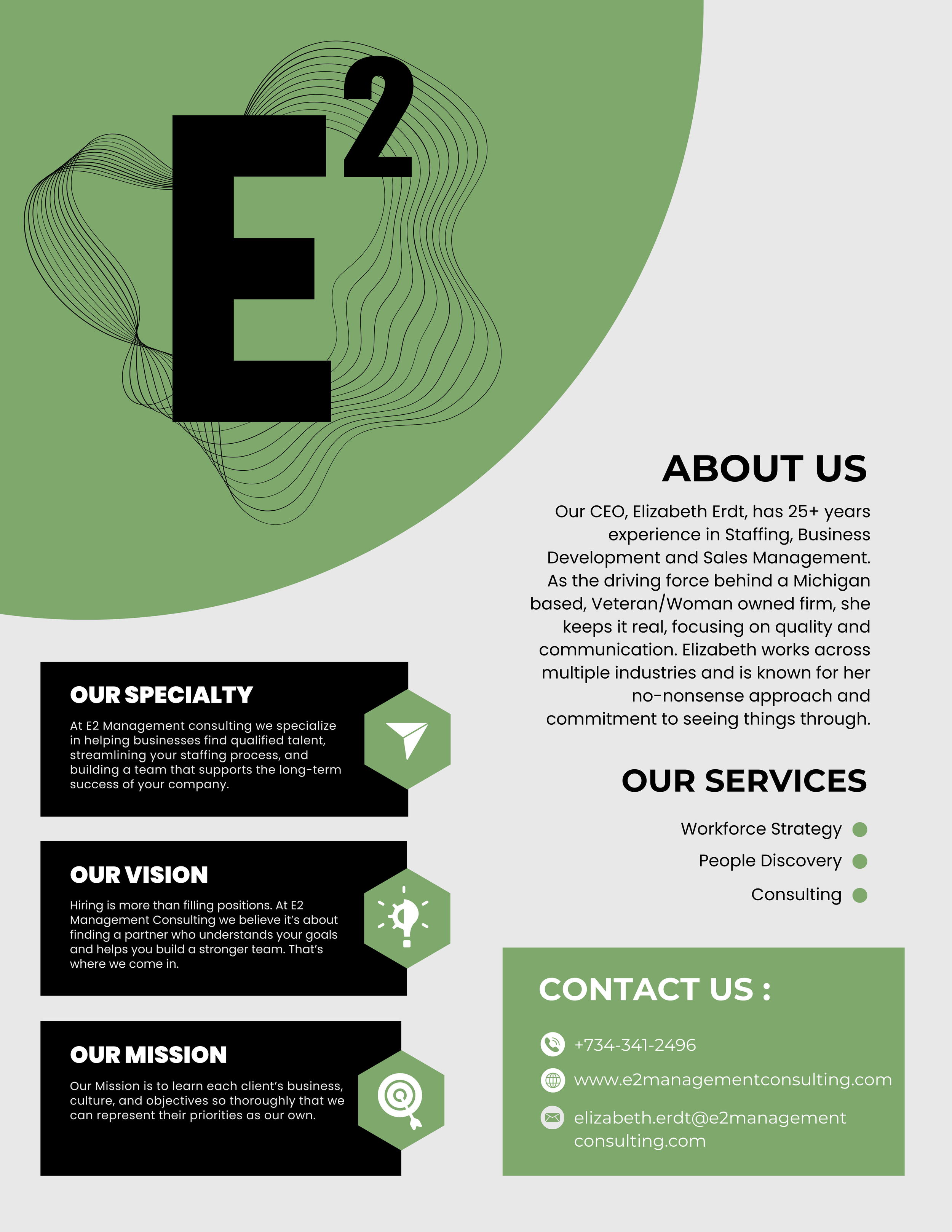 Business consultation flyer with green and white color scheme, featuring the letter 'E' with a smaller '2' in the corner, sections about the company's services, mission, vision, specialties, and contact information.