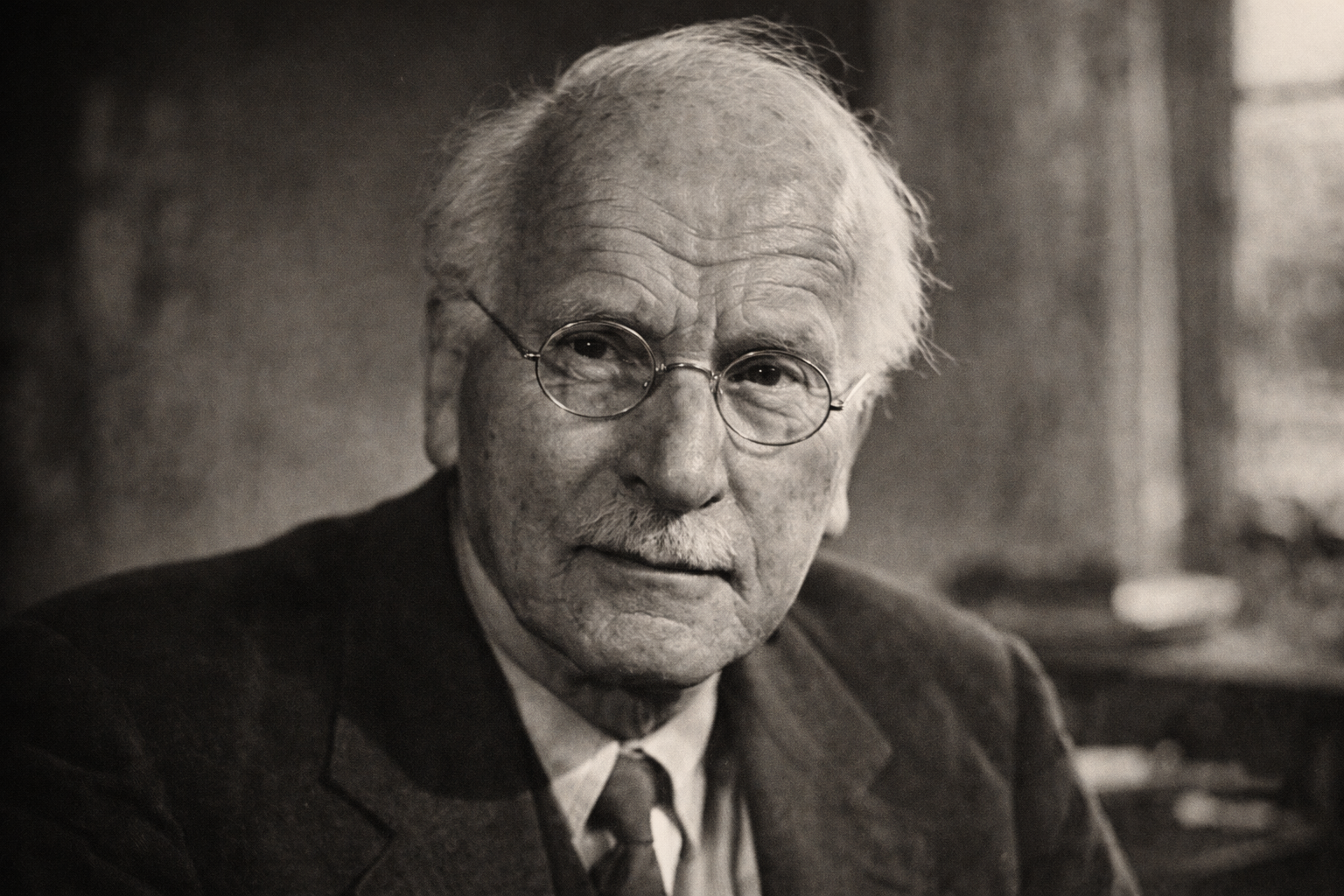 Ritratto di un uomo anziano con occhiali tondi, capelli bianchi e un vestito formale, in bianco e nero.