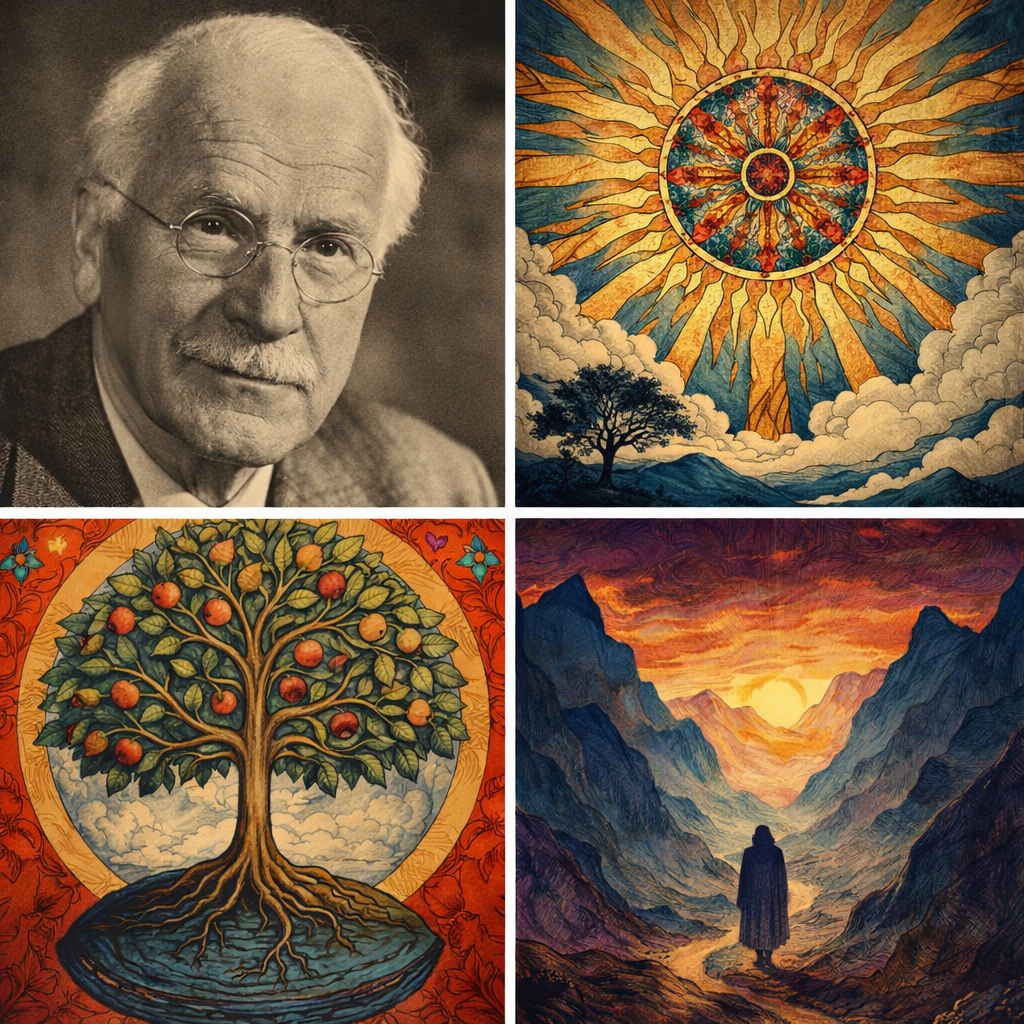 Un collage di quattro immagini: nella prima un ritratto in bianco e nero di un uomo anziano con capelli bianchi e occhiali, nella seconda un'illustrazione di un sole stilizzato con raggi luminosi, nella terza un albero fruttifero con mele, e nell'ultima un paesaggio montano con un tramonto e una persona che osserva.