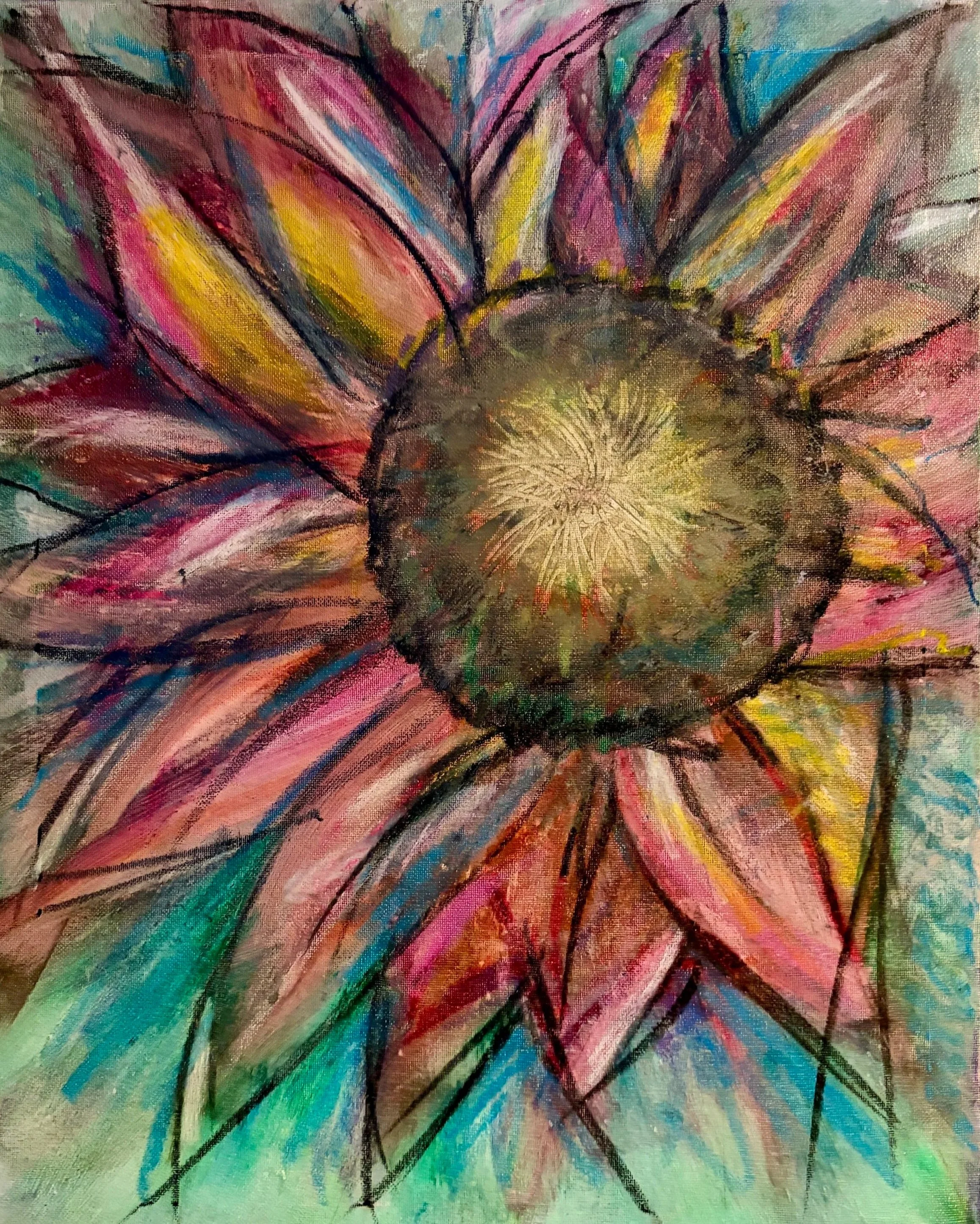 Colorful oil pastel of a sunflower with a green center and pink, yellow, blue, and purple petals outlined with bold colors and expressive lines.