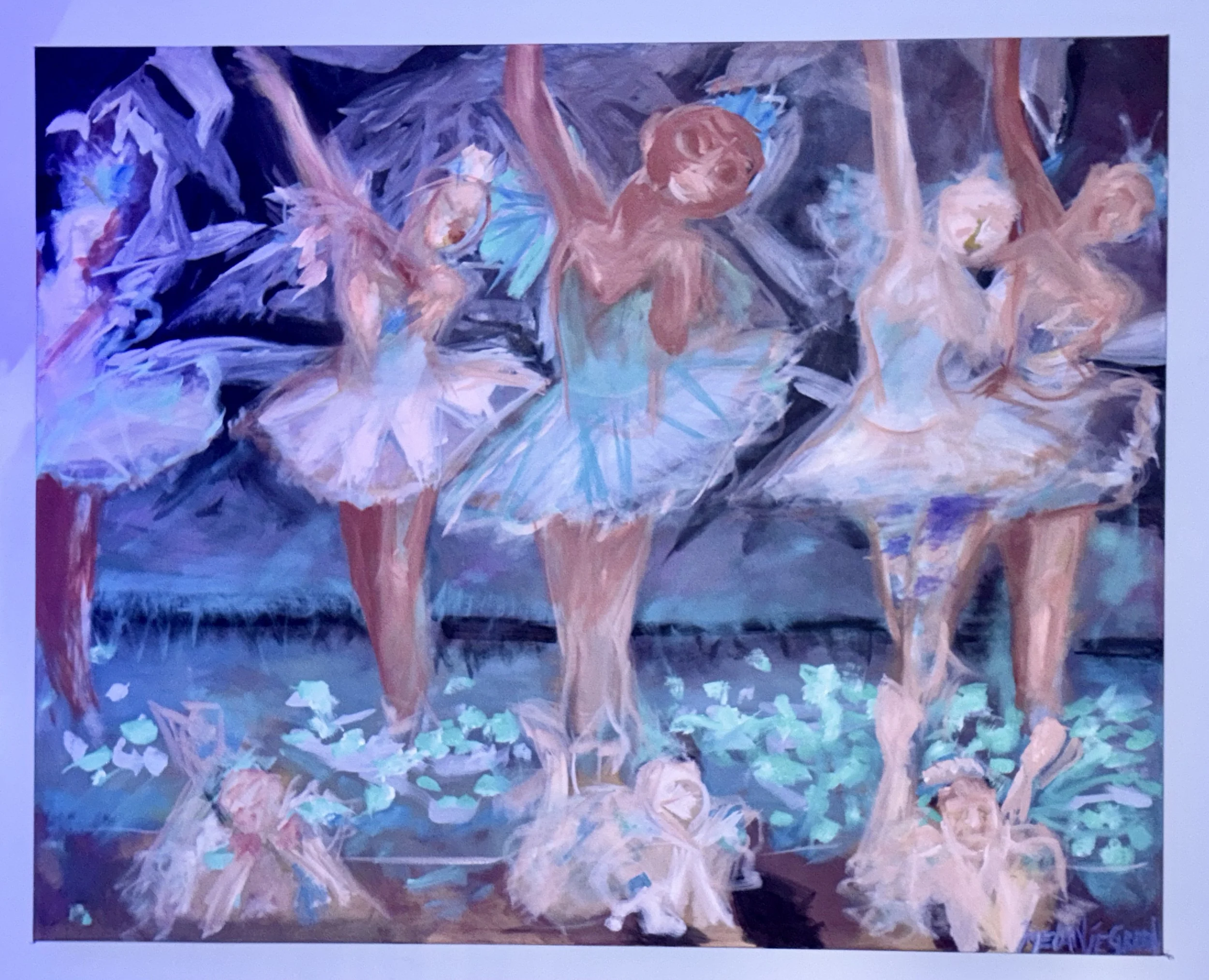 Large Oil Painting of five ballet dancers in tutus practicing on stage. The dancers are in various ballet poses, with some standing and others sitting or lying on the floor. The scene is vibrant with pastel colors and expressive brushstrokes.