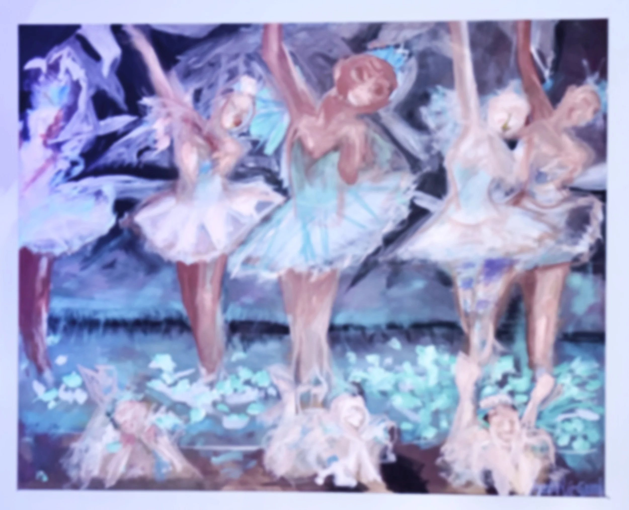 A watercolor painting of young ballet dancers practicing, wearing tutus and ballet slippers, with some standing and others sitting or stretching.
