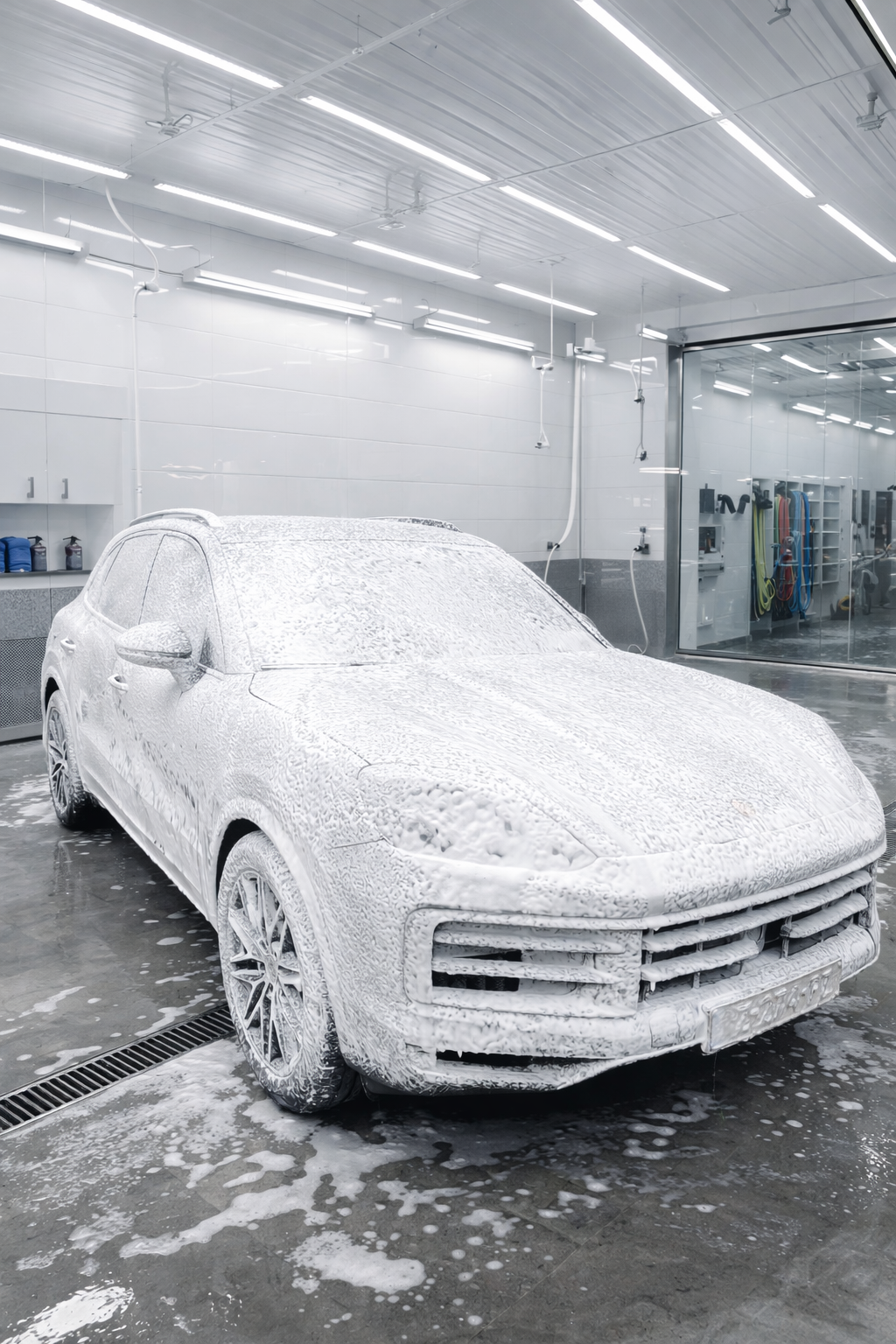 An SUV covered in white foam at a car wash station.