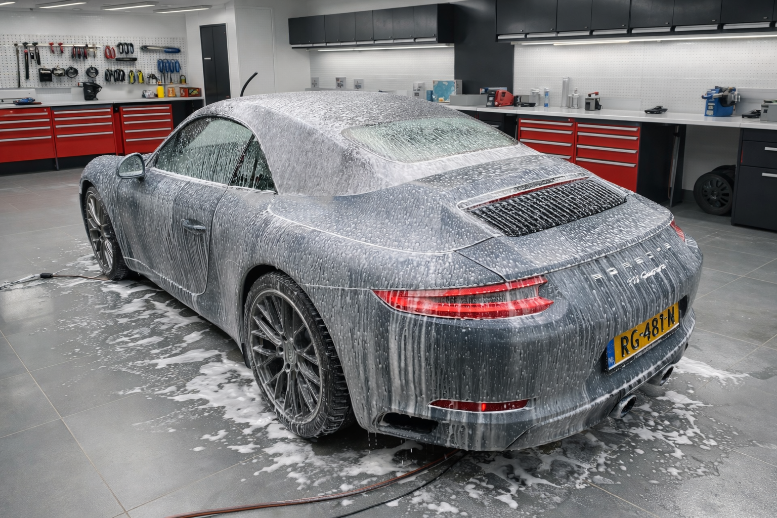 A gray Porsche sports car being washed inside a garage with tools on red and black tool cabinets in the background. The car is covered with soap suds and water, with soap dripping down the sides.