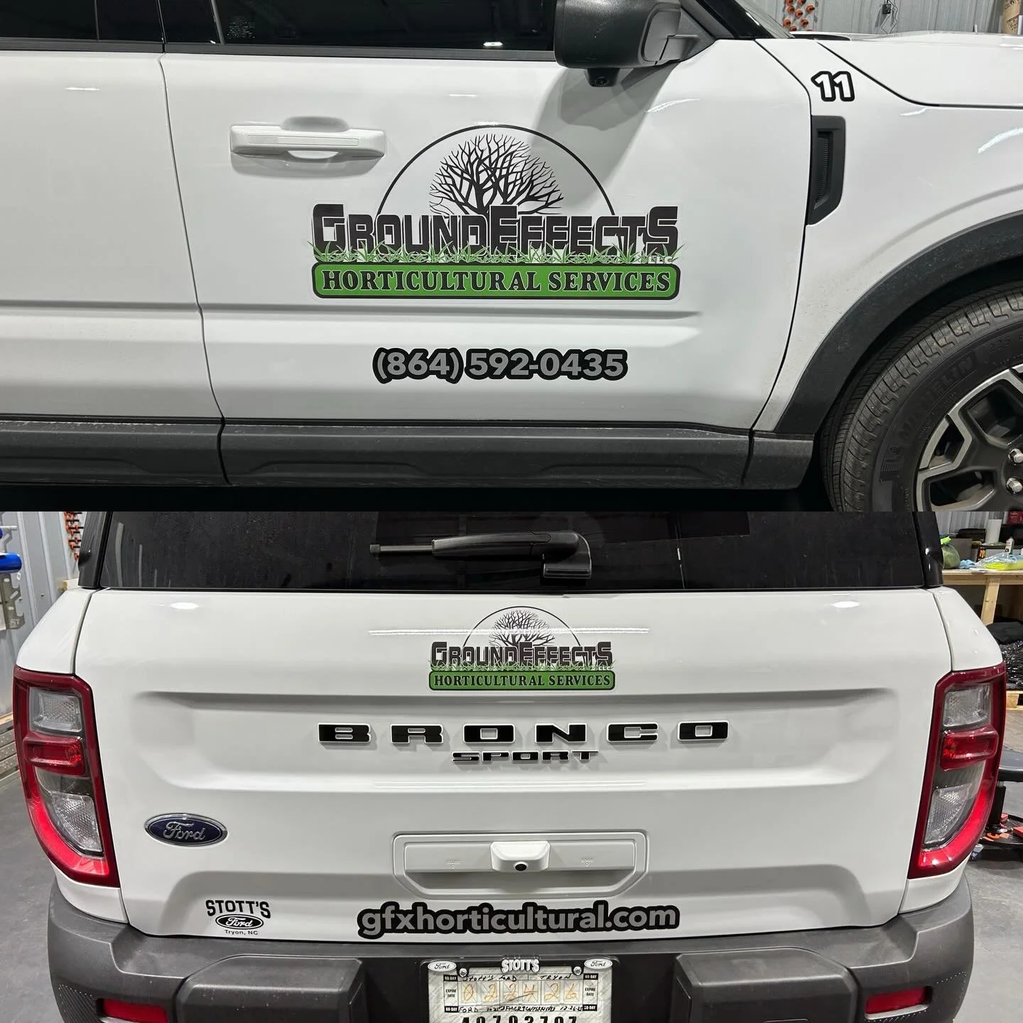 Side and rear views of white trucks displaying company logos for Ground Effects Horticultural Services and gfx horticultural, both company vehicles.