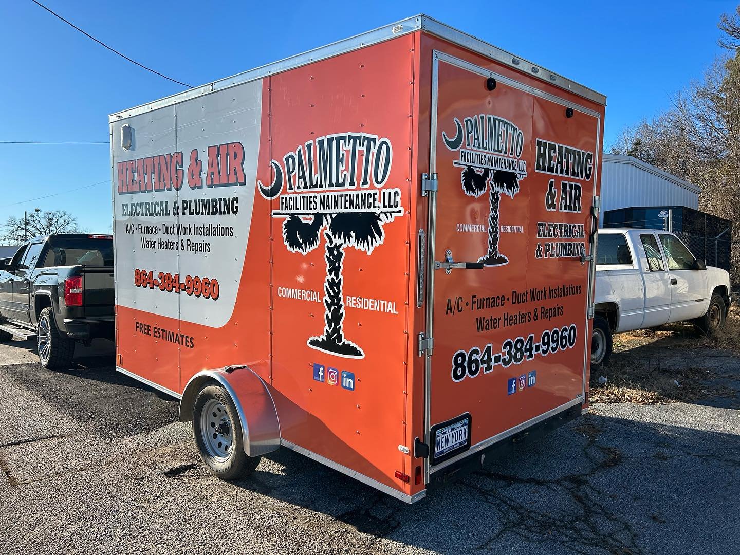 Orange and white mobile service trailer for Palmetto Facilities Maintenance LLC. Features heating and air, electrical and plumbing services, with a phone number, Facebook, Instagram, and LinkedIn icons, and a New York license plate.