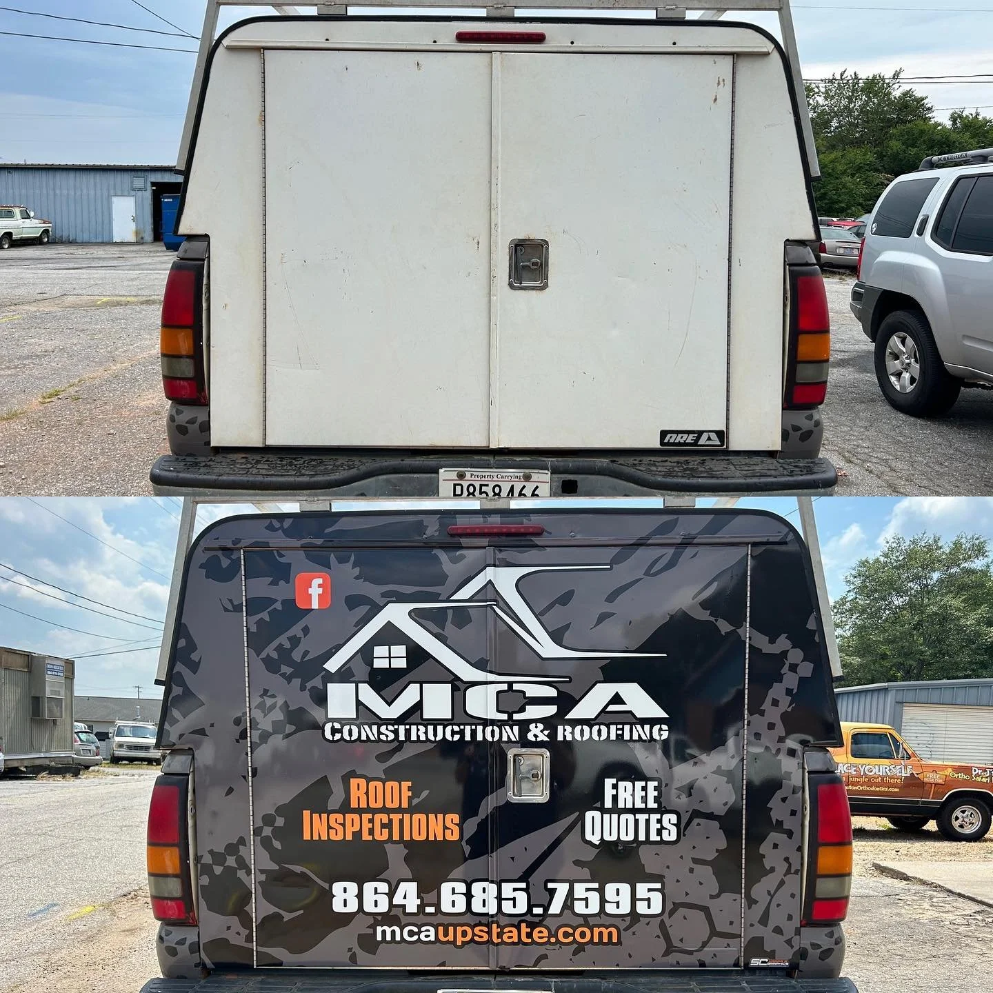 Comparison of the back of a white work van with a plain surface to the same van after it has been wrapped with an advertisement for I-Victus Construction & Roofing, including contact information and promotional text.