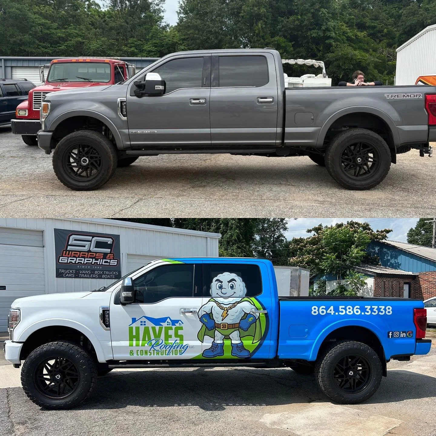 Comparison of two pickup trucks, the top is a plain gray truck, the bottom has colorful graphics advertising HAVES Roofing & Construction with a cartoon superhero character and contact information.
