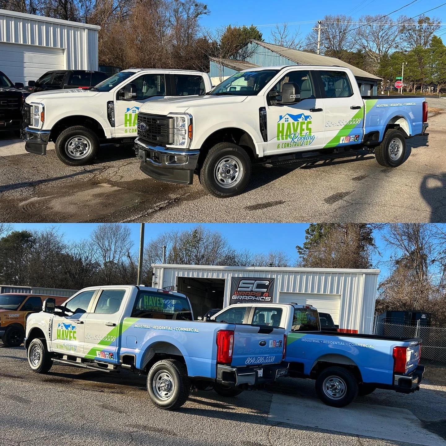 Two pickup trucks with branding for HAVE Roofing & Construction parked side by side on a paved lot, with a building, trees, and a clear blue sky in the background.