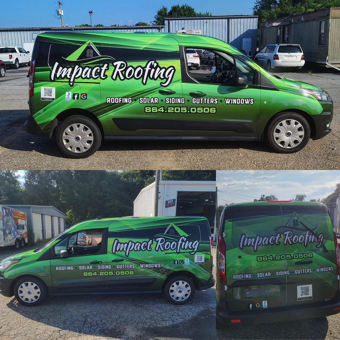 A green Impact Roofing company van with black and white lettering displaying services, phone number, and social media icons. The van is parked outdoors in a lot with other vehicles and industrial buildings.