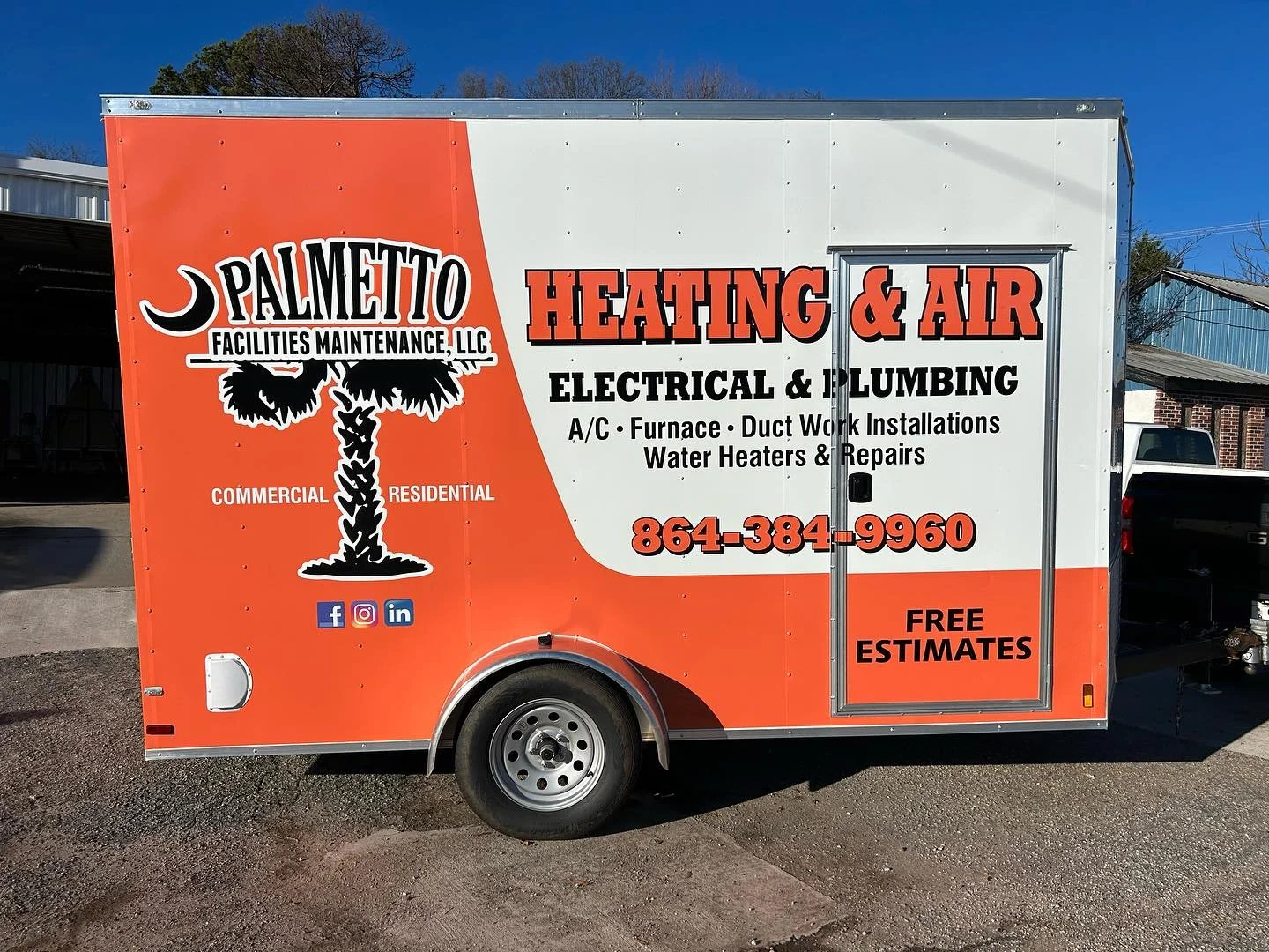 Mobile advertisement trailer for Palmetto Facilities Maintenance LLC offering heating and air conditioning, electrical, and plumbing services. The trailer displays contact information, service details, and social media icons on an orange, black, and 