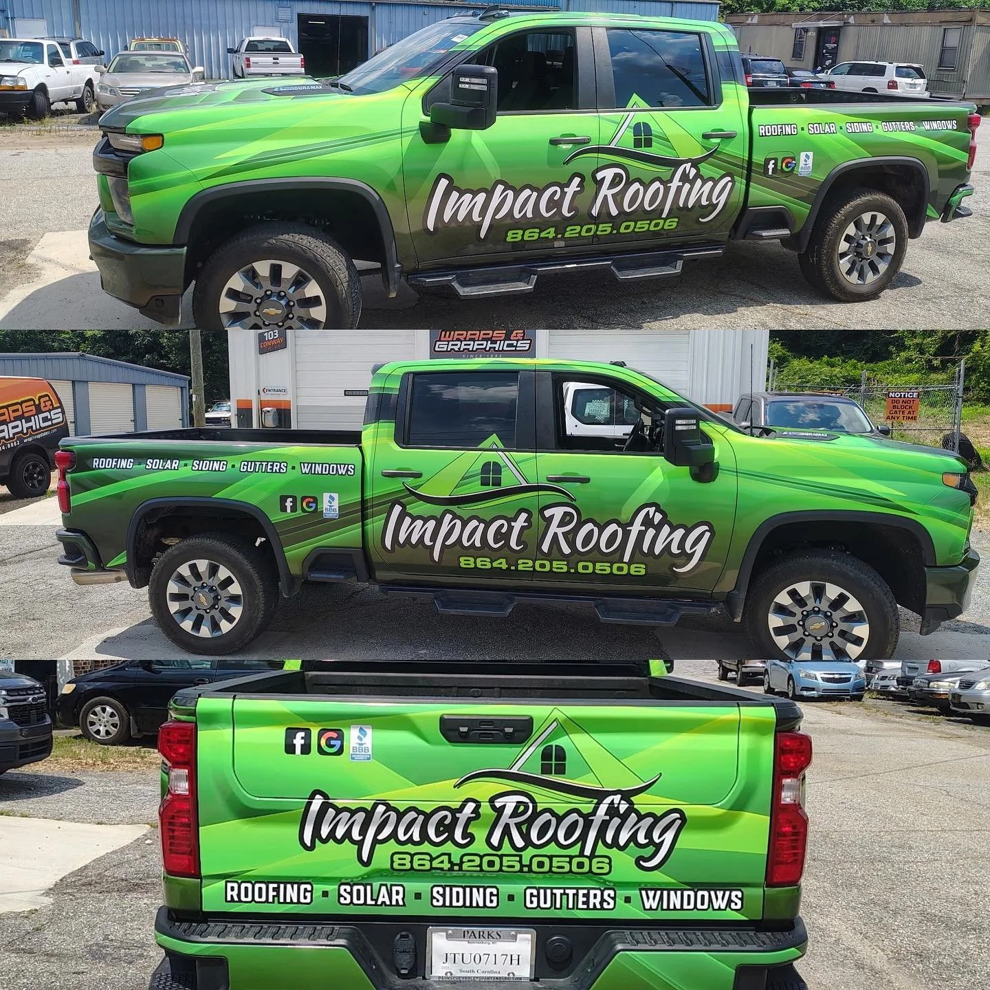 Green Impact Roofing pickup truck with the company logo, contact number, and list of services including roofing, solar, siding, gutters, and windows, shown from three angles: side, front, and rear.